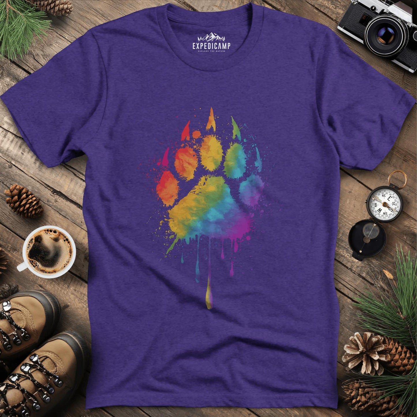Rainbow Bear Paw T-Shirt – Heather Purple – Outdoor apparel for travel, hiking, camping, and nature lovers – ExpediCamp
