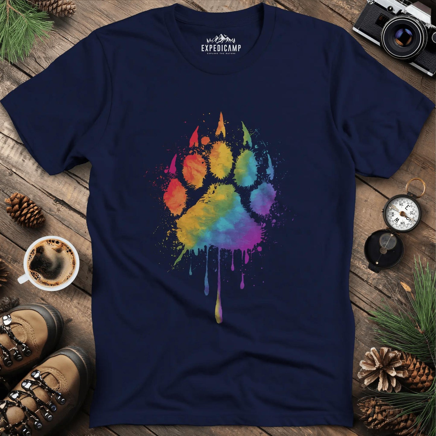 Rainbow Bear Paw T-Shirt – Navy – Outdoor apparel for travel, hiking, camping, and nature lovers – ExpediCamp