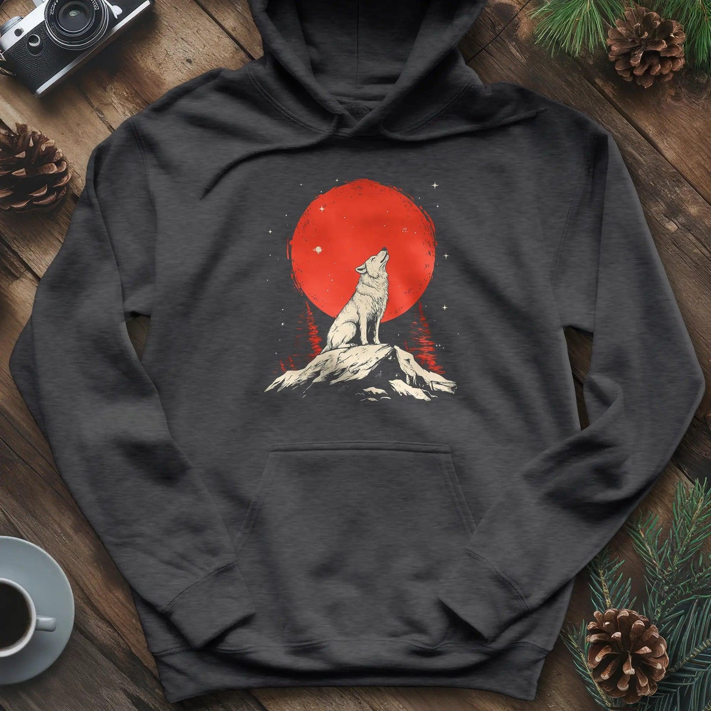 Red Moon Wolf Hoodie – Dark Heather – Outdoor apparel for travel, hiking, camping, and nature lovers – ExpediCamp