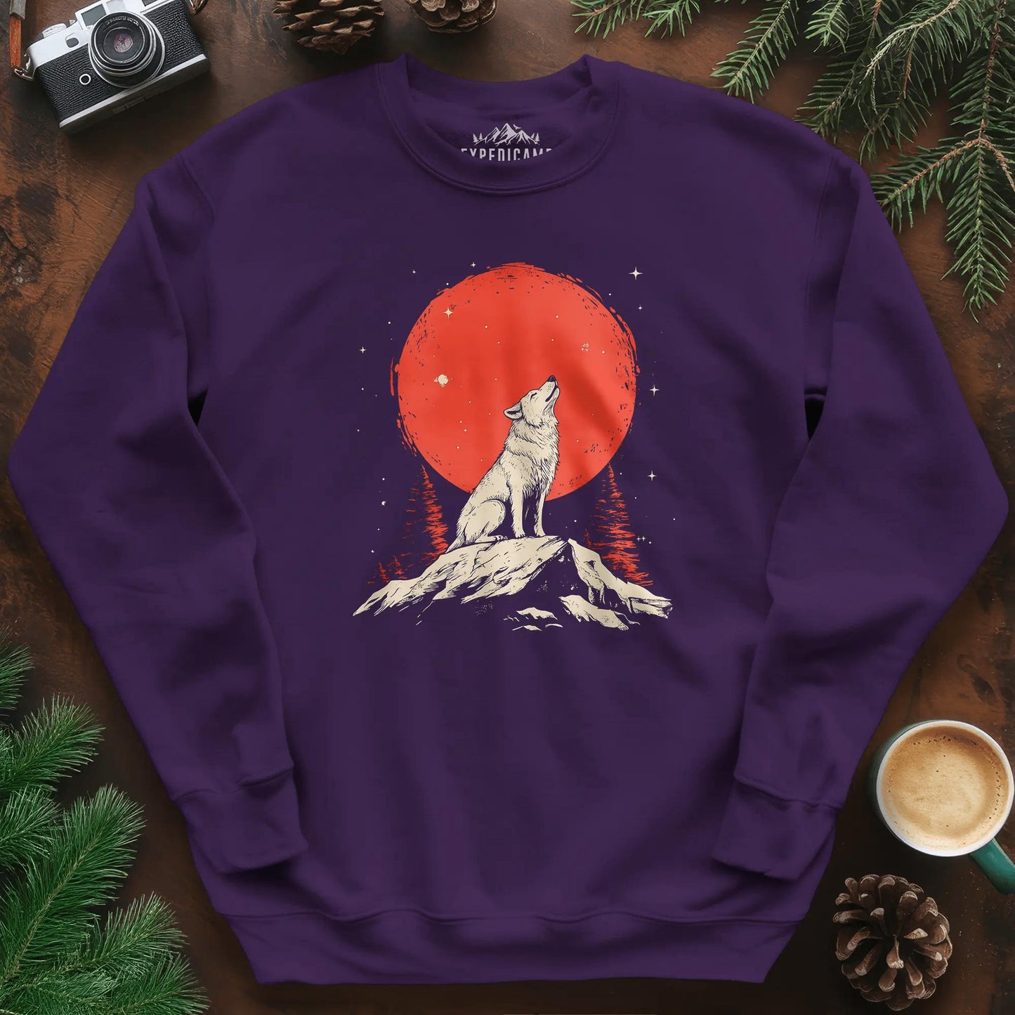 Red Moon Wolf Sweatshirt – Purple – Outdoor apparel for travel, hiking, camping, and nature lovers – ExpediCamp