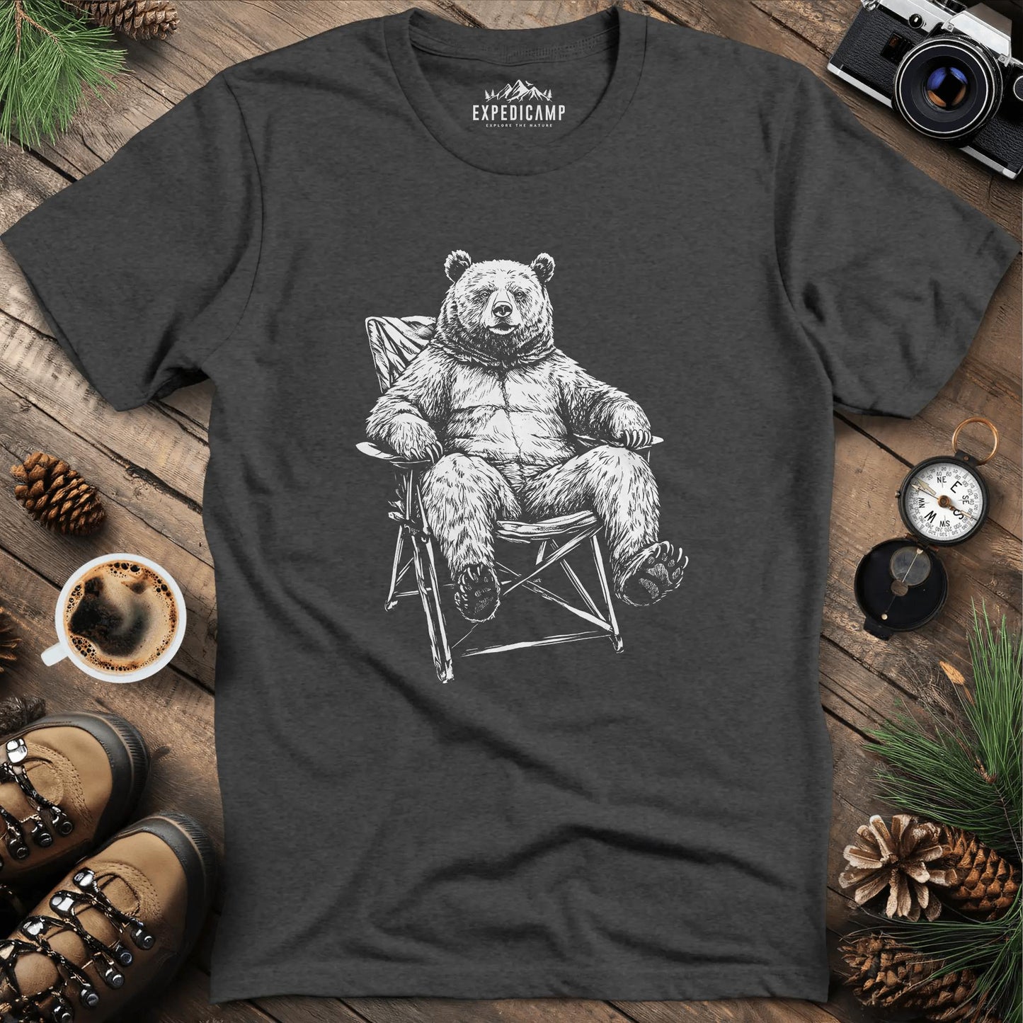 Relaxing Bear Camping T-Shirt – Dark Heather – Outdoor apparel for travel, hiking, camping, and nature lovers – ExpediCamp