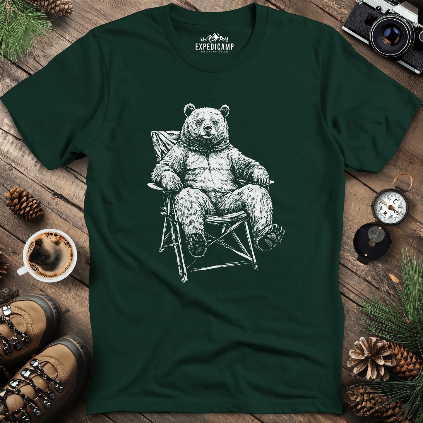 Relaxing Bear Camping T-Shirt – Forest Green – Outdoor apparel for travel, hiking, camping, and nature lovers – ExpediCamp