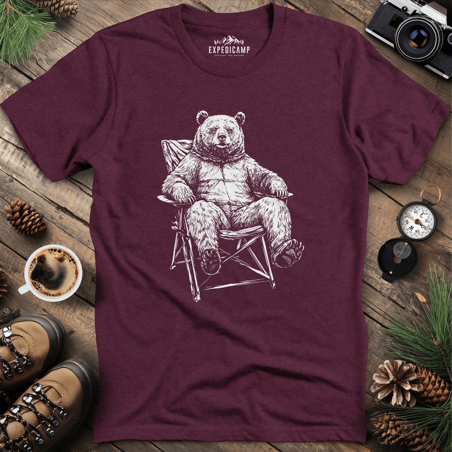 Relaxing Bear Camping T-Shirt – Heather Maroon – Outdoor apparel for travel, hiking, camping, and nature lovers – ExpediCamp