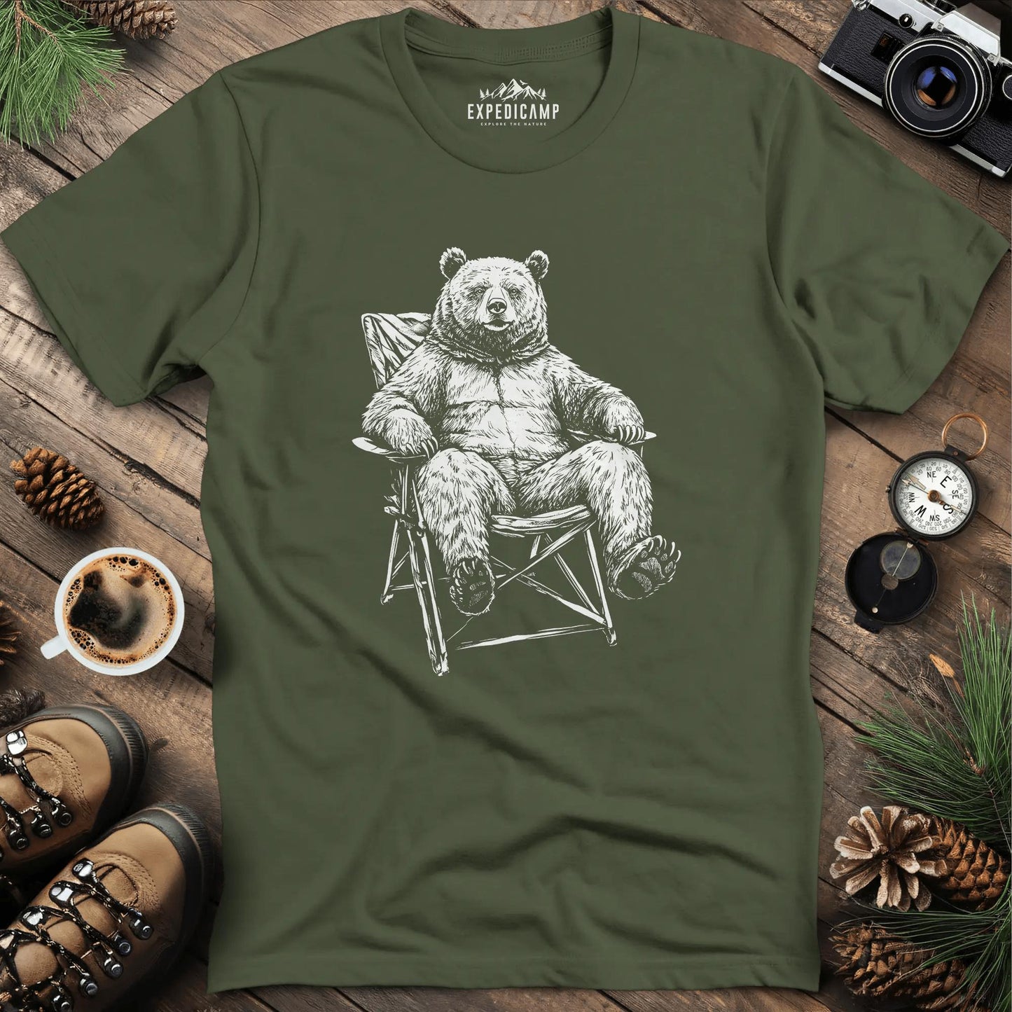 Relaxing Bear Camping T-Shirt – Military Green – Outdoor apparel for travel, hiking, camping, and nature lovers – ExpediCamp