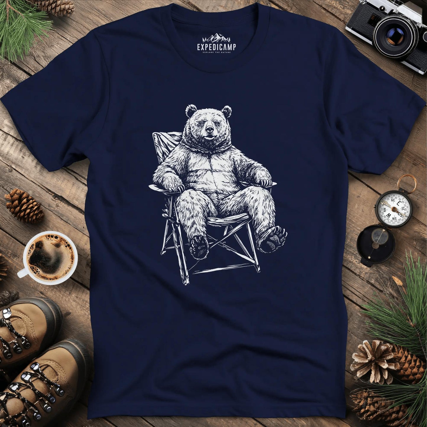 Relaxing Bear Camping T-Shirt – Navy – Outdoor apparel for travel, hiking, camping, and nature lovers – ExpediCamp