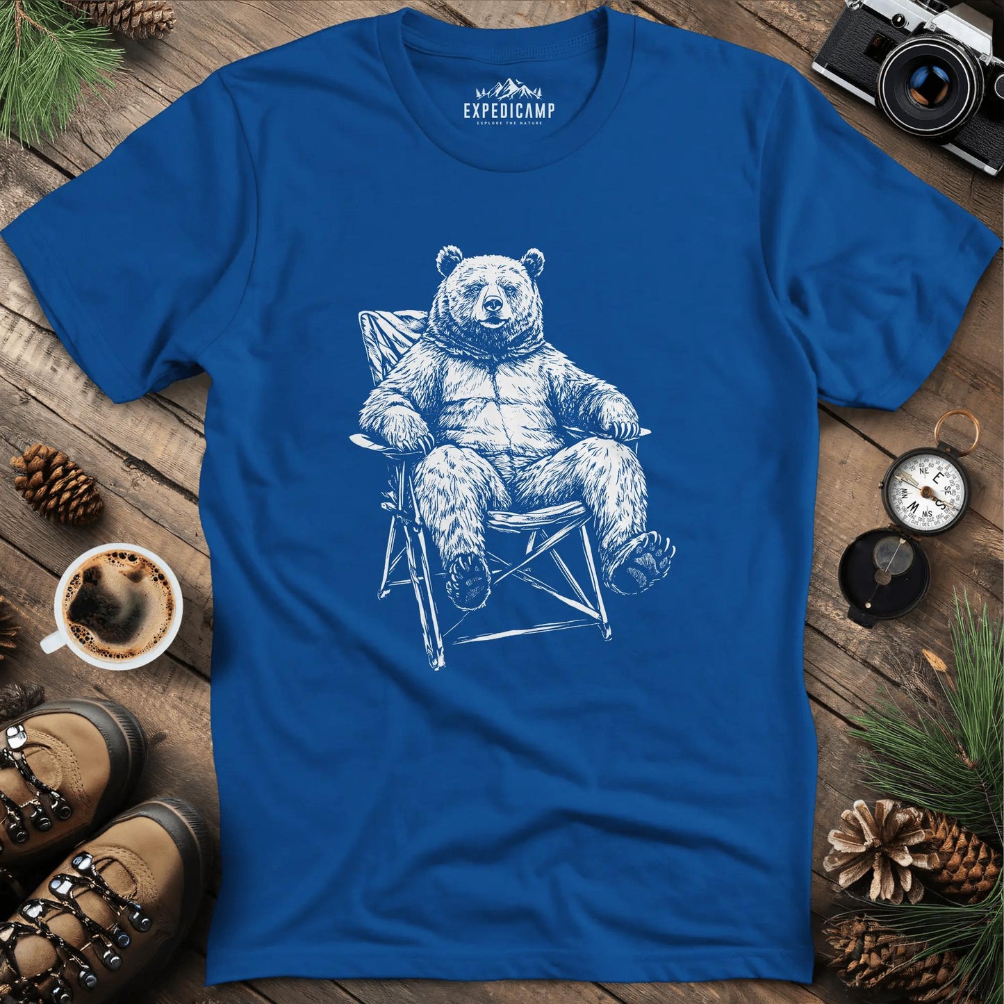 Relaxing Bear Camping T-Shirt – Royal – Outdoor apparel for travel, hiking, camping, and nature lovers – ExpediCamp