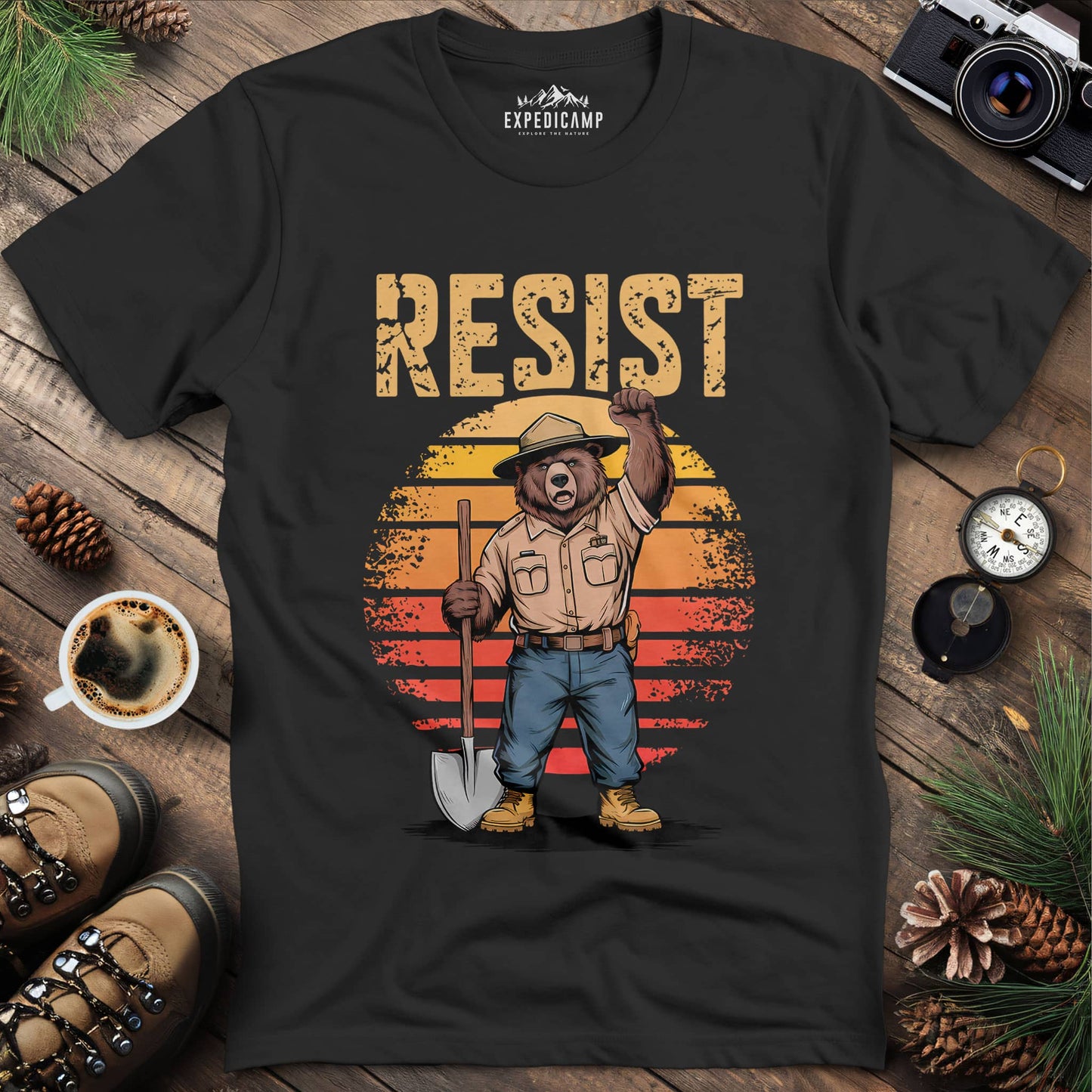 Resist Bear Ranger T-Shirt – Black – Outdoor apparel for travel, hiking, camping, and nature lovers – ExpediCamp