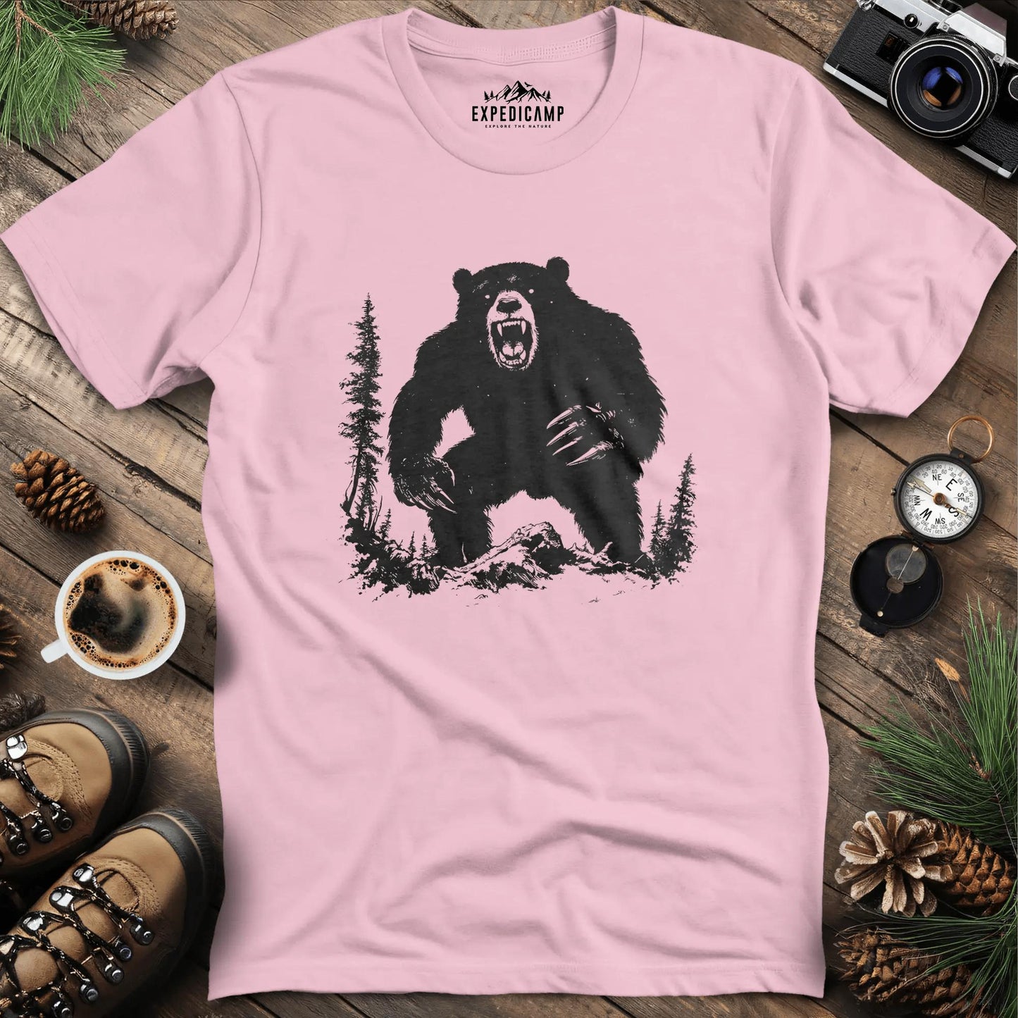 Roaring Grizzly Bear T-Shirt – Fierce Wilderness Predator Design – Light Pink – Outdoor apparel for travel, hiking, camping, and nature lovers – ExpediCamp