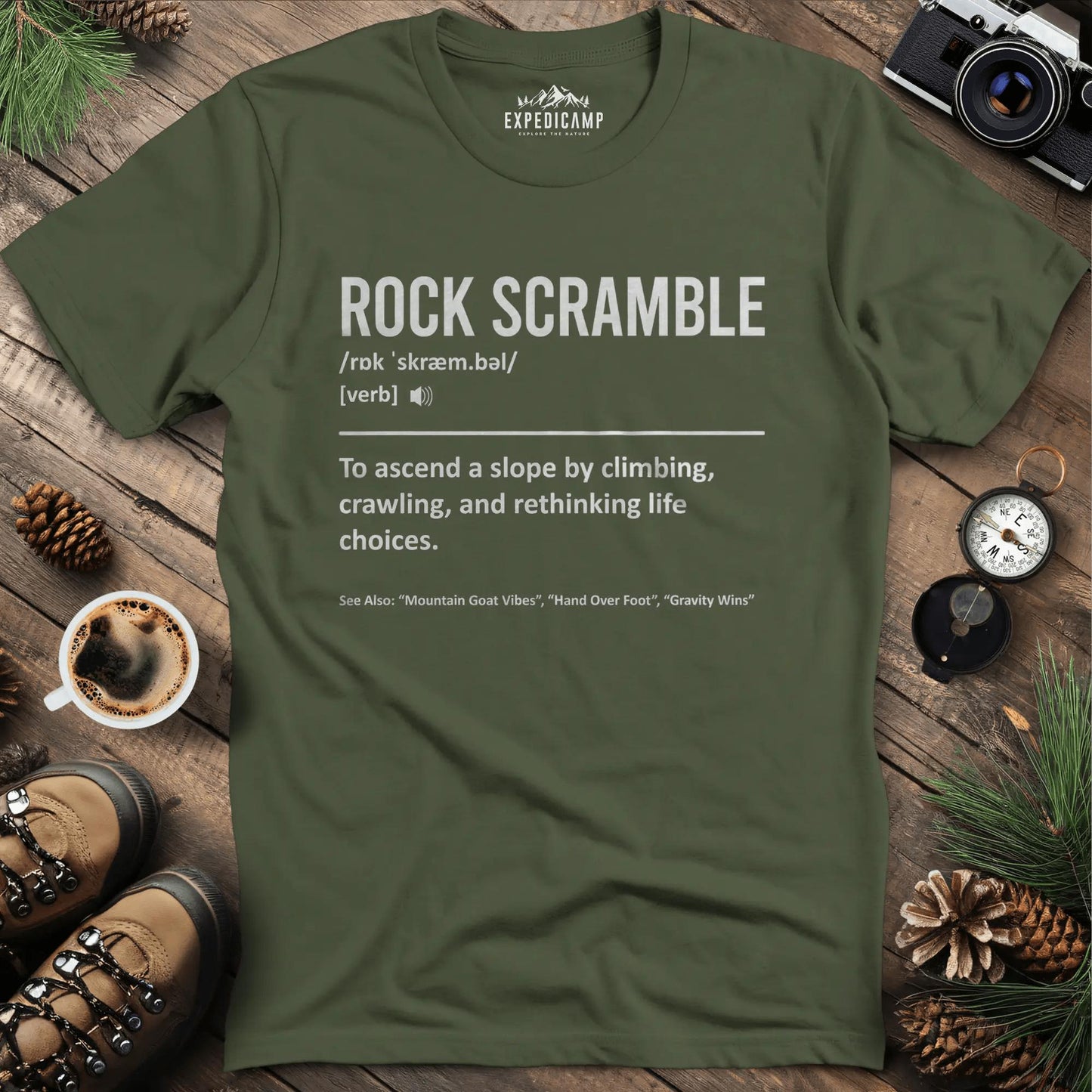 Rock Scramble Definition T-Shirt – Military Green – Outdoor apparel for travel, hiking, camping, and nature lovers – ExpediCamp