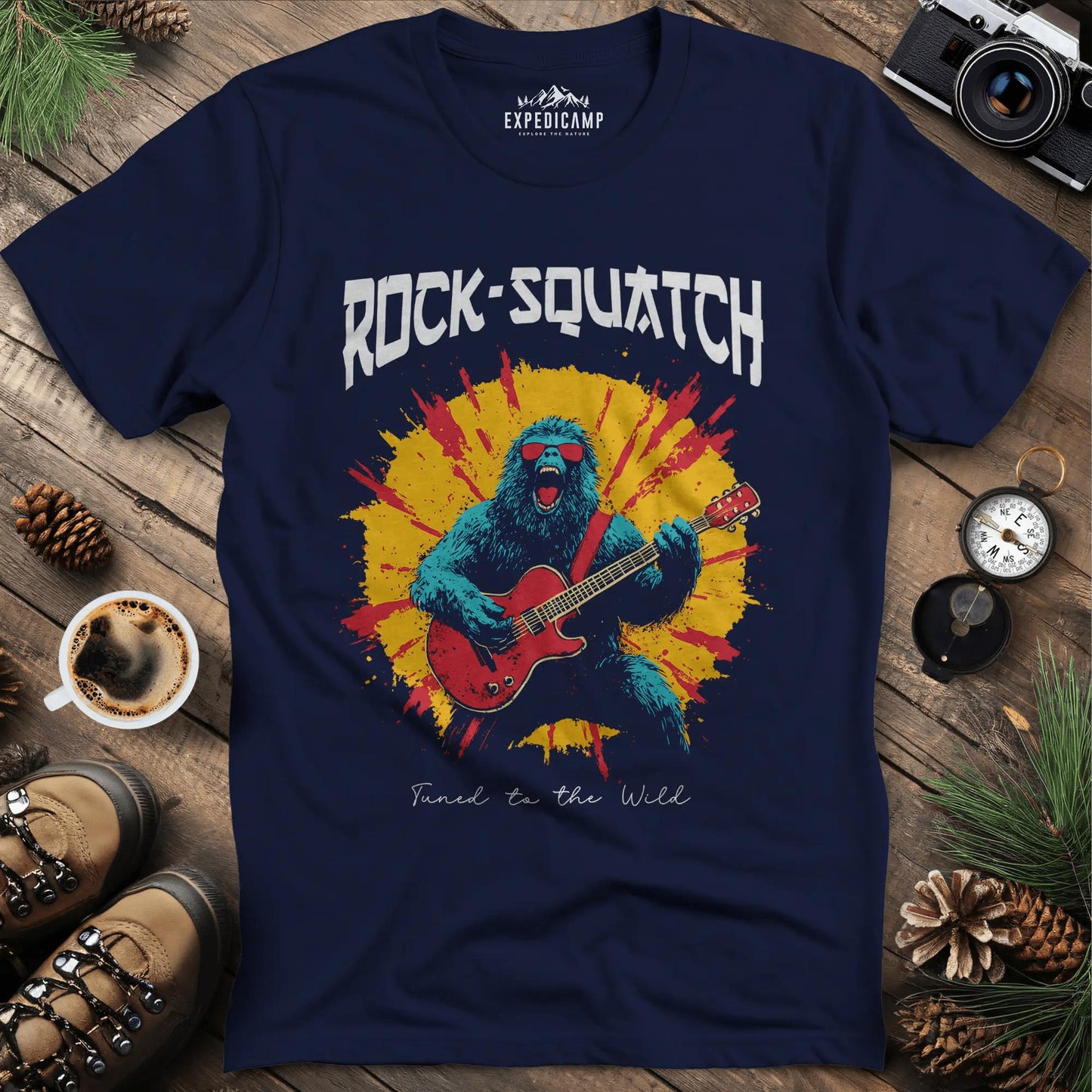 Rock-Squatch Tuned to the Wild T-Shirt – Navy – Outdoor apparel for travel, hiking, camping, and nature lovers – ExpediCamp
