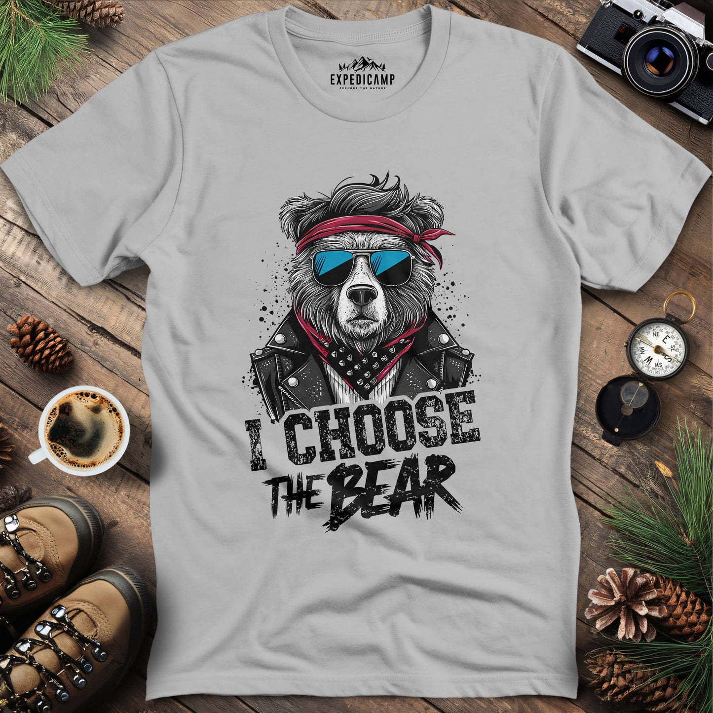 Rocker Bear with Glasses – Rebel Style T-Shirt – Ice Grey – Outdoor apparel for travel, hiking, camping, and nature lovers – ExpediCamp