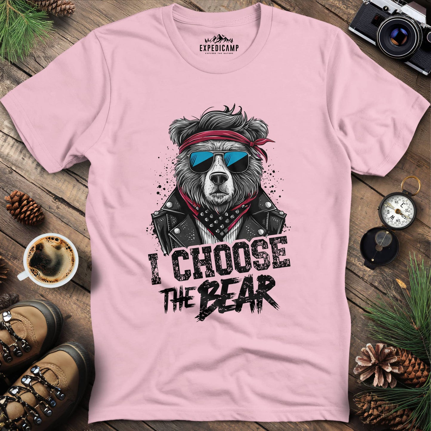 Rocker Bear with Glasses – Rebel Style T-Shirt – Light Pink – Outdoor apparel for travel, hiking, camping, and nature lovers – ExpediCamp