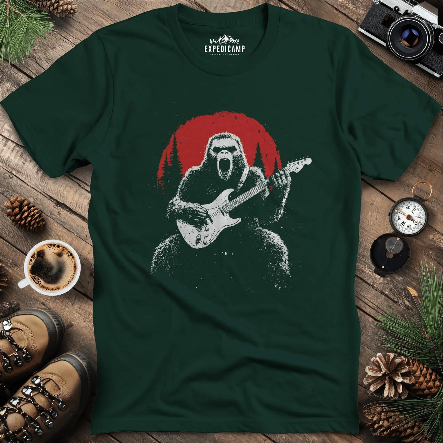 Rocking Bigfoot Guitarist T-Shirt – Forest Green – Outdoor apparel for travel, hiking, camping, and nature lovers – ExpediCamp