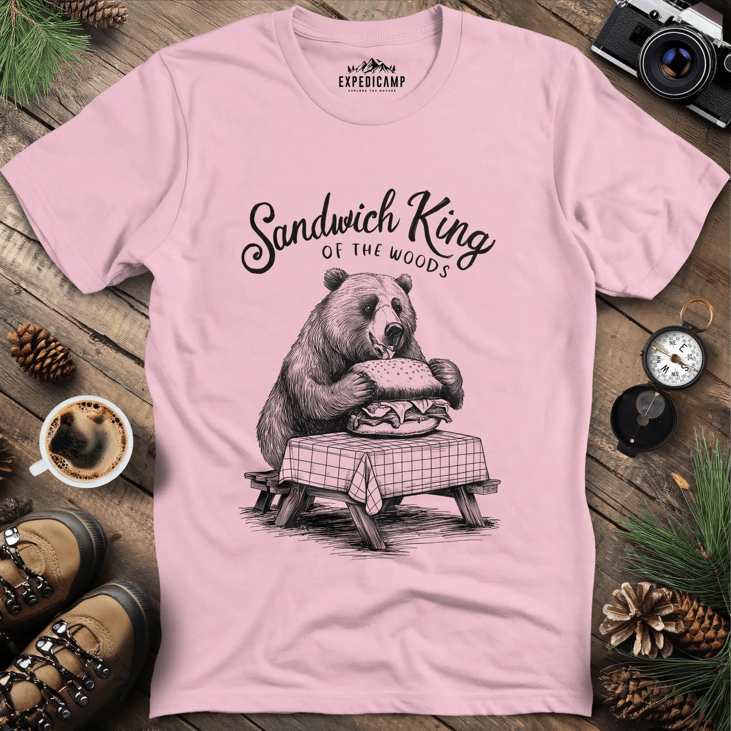 Sandwich King of the Woods T-Shirt – Light Pink – Outdoor apparel for travel, hiking, camping, and nature lovers – ExpediCamp