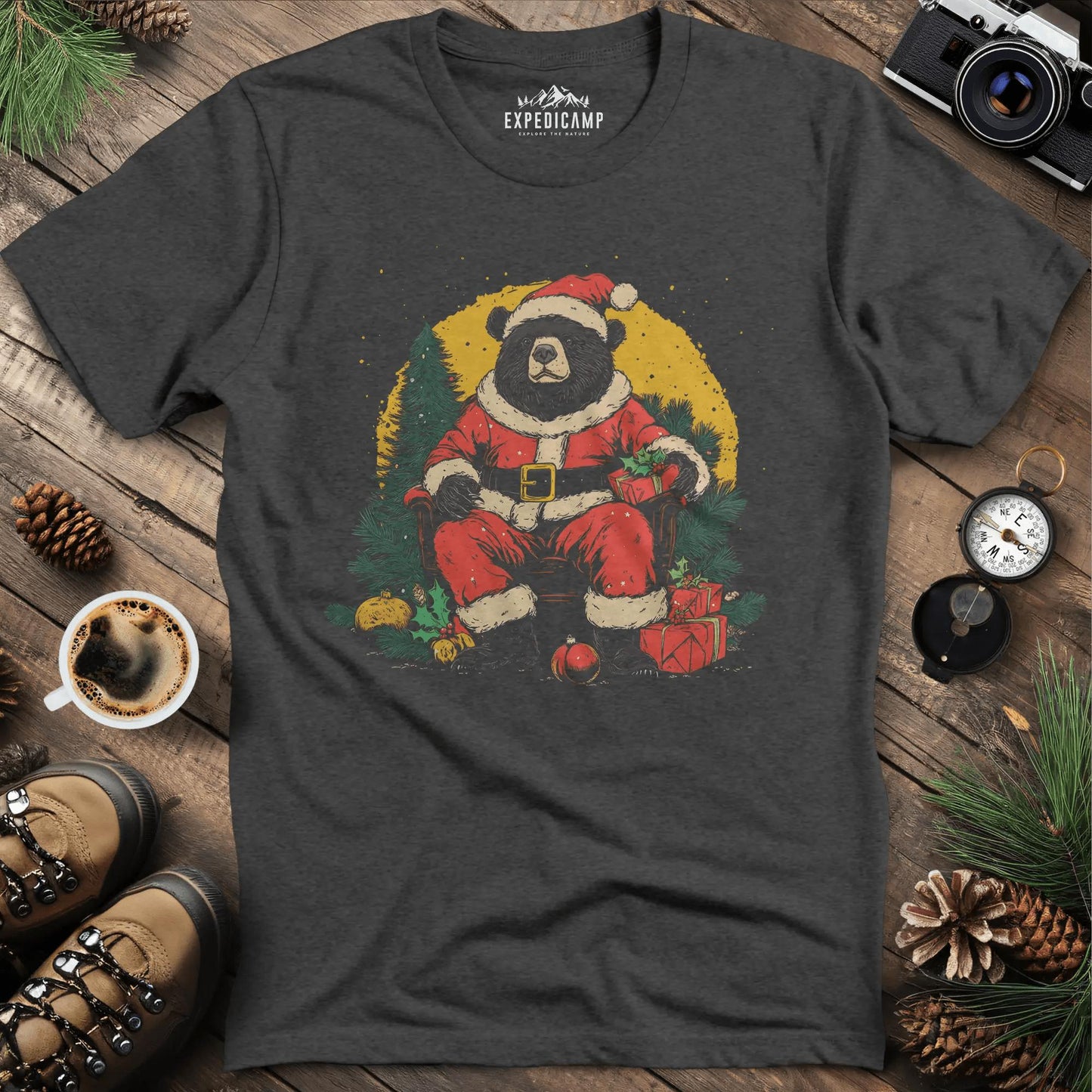 Santa Bear with Gifts T-Shirt – Dark Heather – Outdoor apparel for travel, hiking, camping, and nature lovers – ExpediCamp