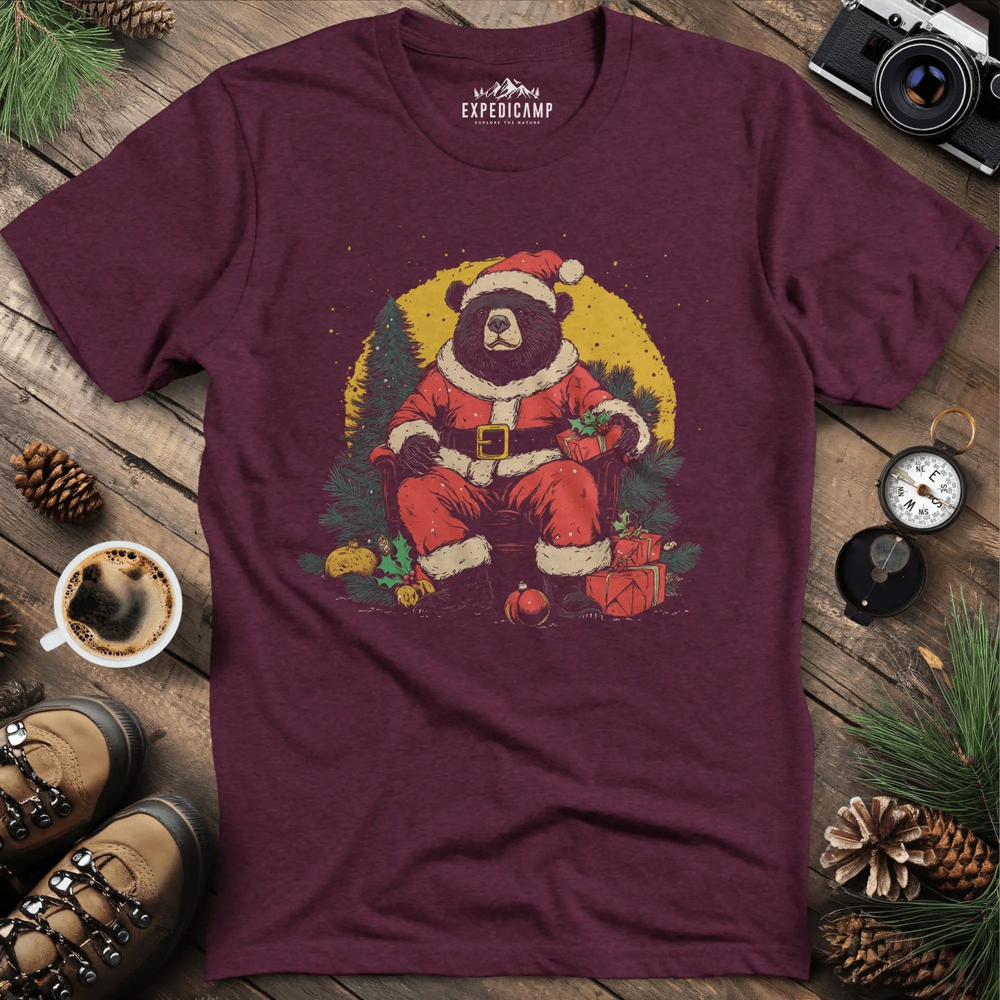 Santa Bear with Gifts T-Shirt – Heather Maroon – Outdoor apparel for travel, hiking, camping, and nature lovers – ExpediCamp