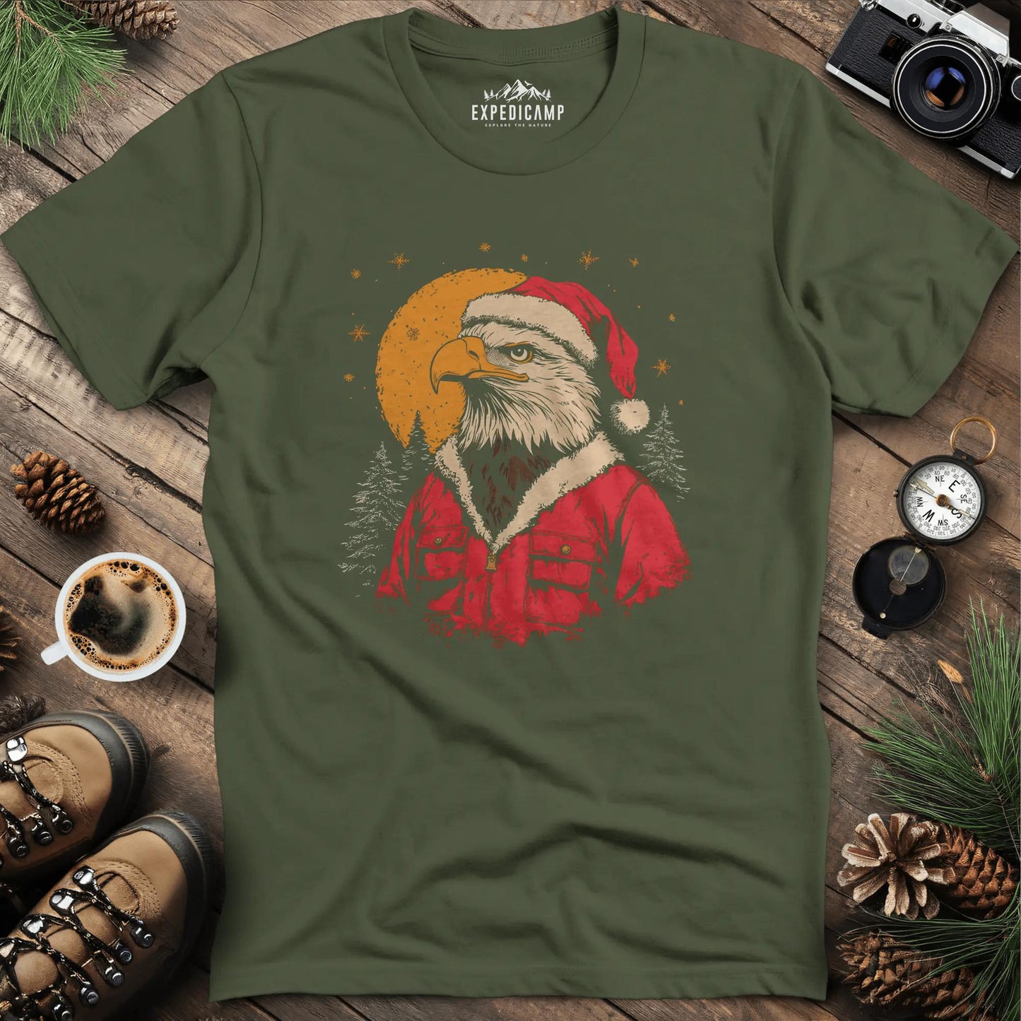 Santa Eagle T-Shirt – Military Green – Outdoor apparel for travel, hiking, camping, and nature lovers – ExpediCamp