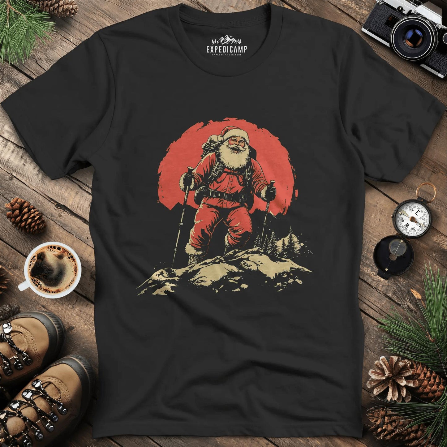Santa Hiking T-Shirt - Festive Holiday Fun – Black – Outdoor apparel for travel, hiking, camping, and nature lovers – ExpediCamp