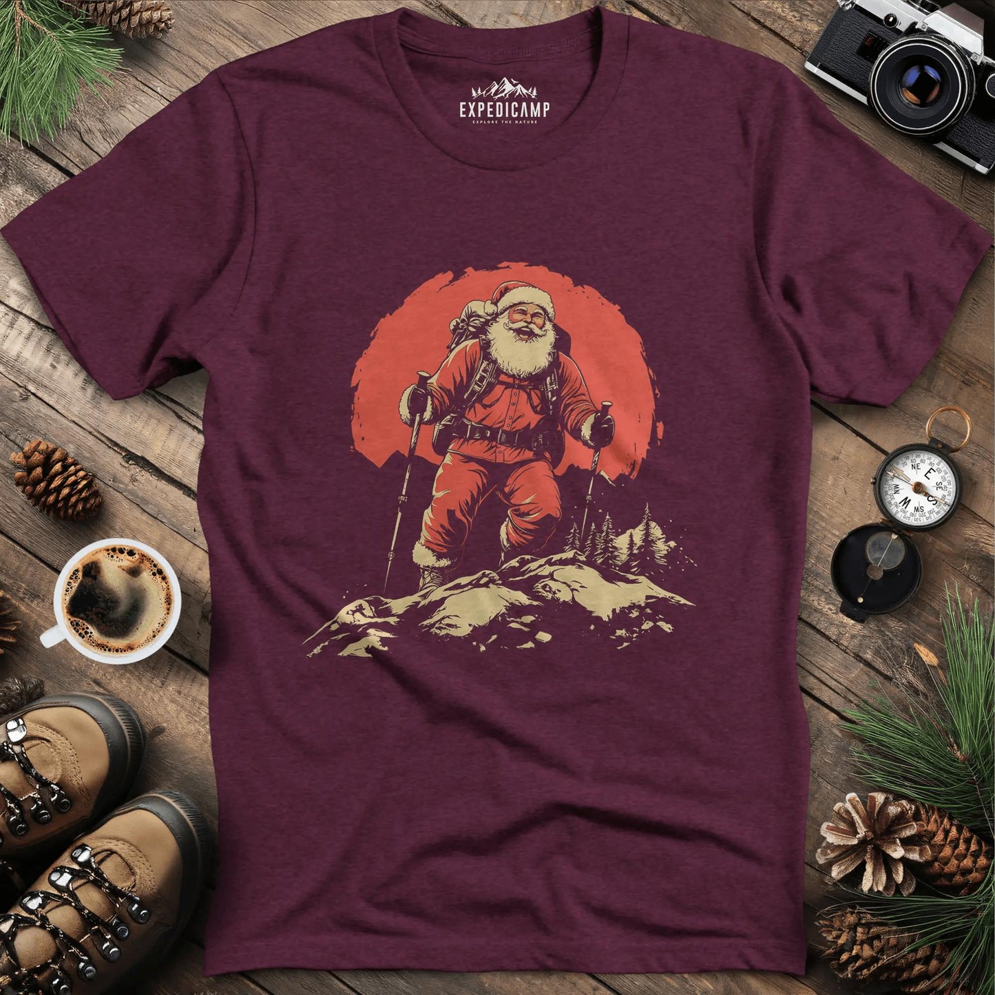 Santa Hiking T-Shirt - Festive Holiday Fun – Heather Maroon – Outdoor apparel for travel, hiking, camping, and nature lovers – ExpediCamp