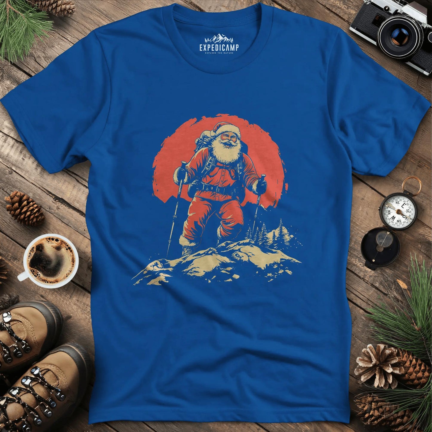 Santa Hiking T-Shirt - Festive Holiday Fun – Royal – Outdoor apparel for travel, hiking, camping, and nature lovers – ExpediCamp