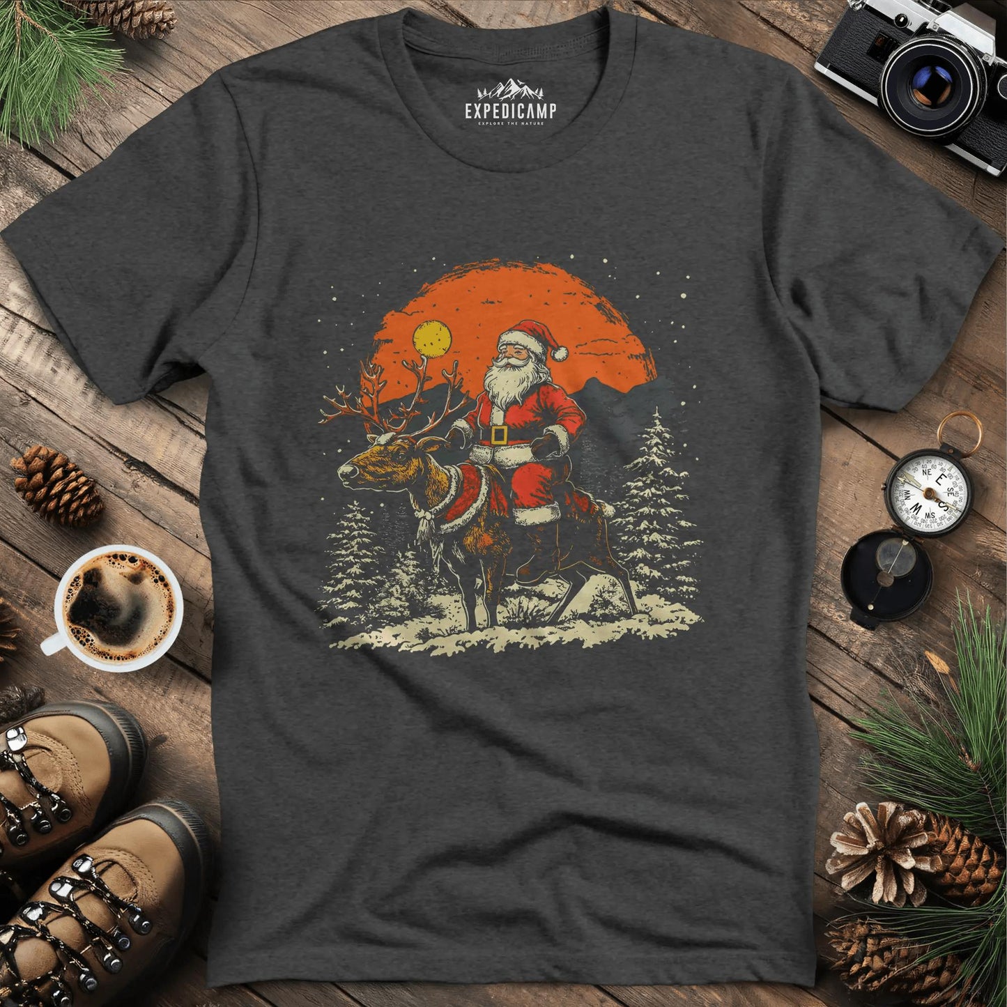 Santa in the Wilderness T-Shirt – Dark Heather – Outdoor apparel for travel, hiking, camping, and nature lovers – ExpediCamp