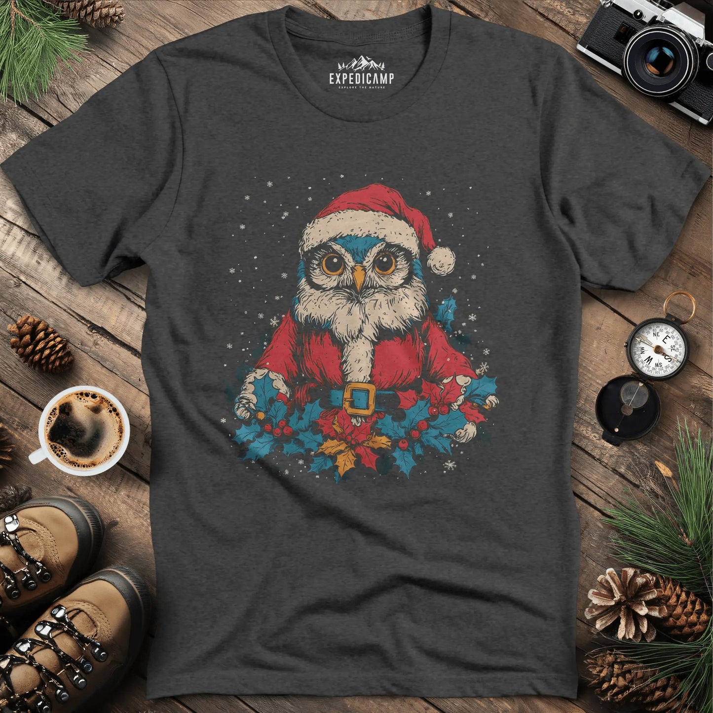 Santa Owl T-Shirt – Dark Heather – Outdoor apparel for travel, hiking, camping, and nature lovers – ExpediCamp