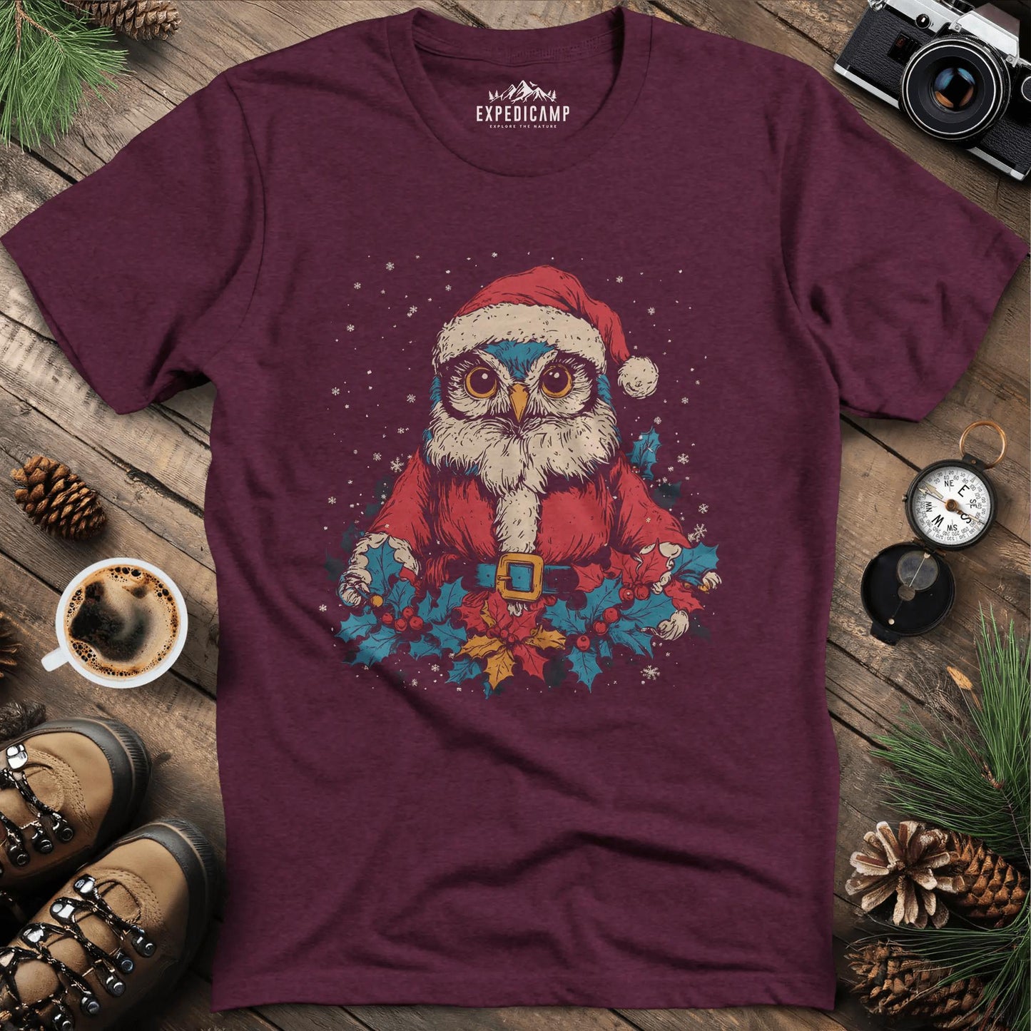 Santa Owl T-Shirt – Heather Maroon – Outdoor apparel for travel, hiking, camping, and nature lovers – ExpediCamp