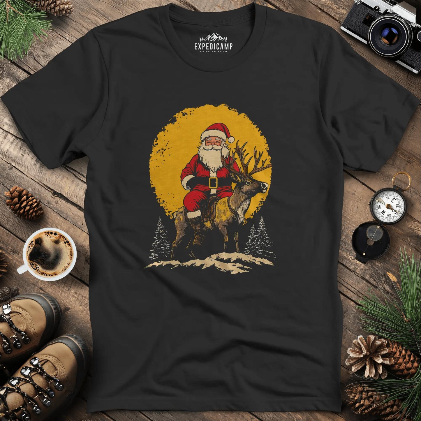 Santa Riding Reindeer T-Shirt – Black – Outdoor apparel for travel, hiking, camping, and nature lovers – ExpediCamp