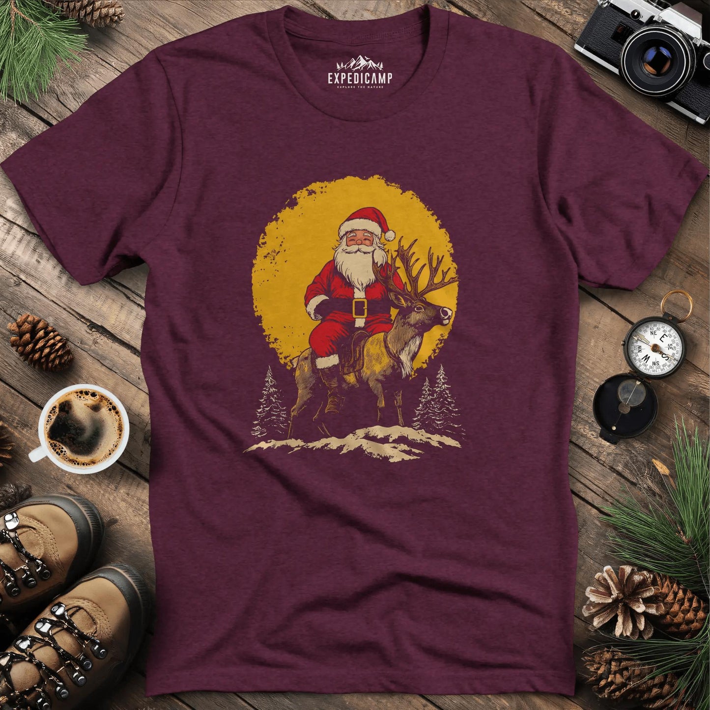 Santa Riding Reindeer T-Shirt – Heather Maroon – Outdoor apparel for travel, hiking, camping, and nature lovers – ExpediCamp