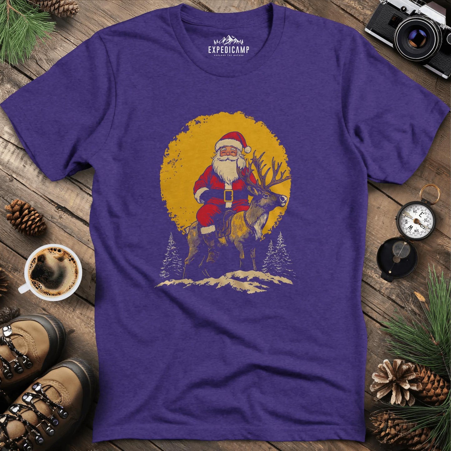 Santa Riding Reindeer T-Shirt – Heather Purple – Outdoor apparel for travel, hiking, camping, and nature lovers – ExpediCamp