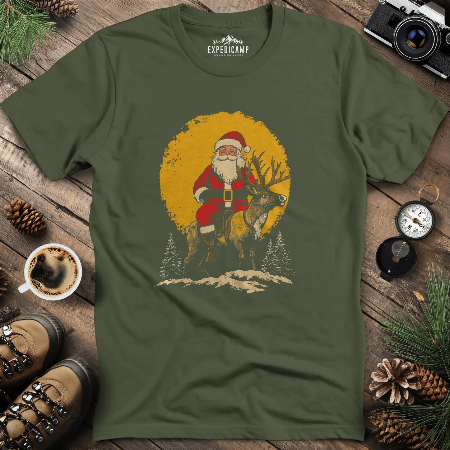 Santa Riding Reindeer T-Shirt – Military Green – Outdoor apparel for travel, hiking, camping, and nature lovers – ExpediCamp