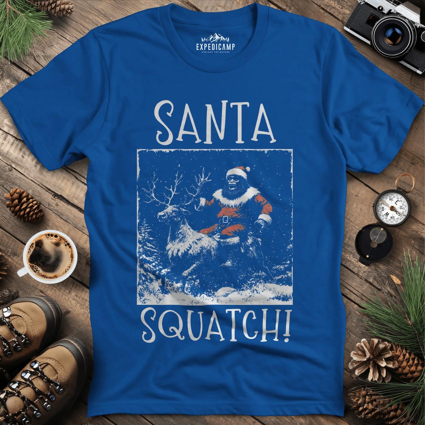 Santa Squatch T-Shirt – Royal – Outdoor apparel for travel, hiking, camping, and nature lovers – ExpediCamp