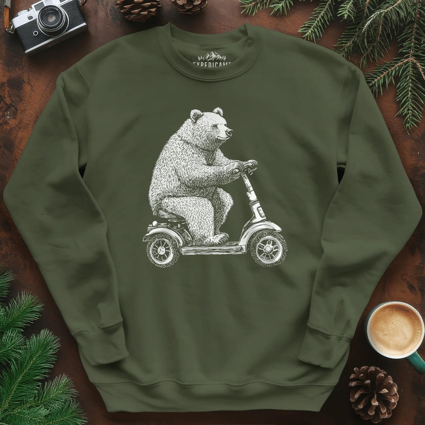 Scooter Bear Sweatshirt – Military Green – Outdoor apparel for travel, hiking, camping, and nature lovers – ExpediCamp