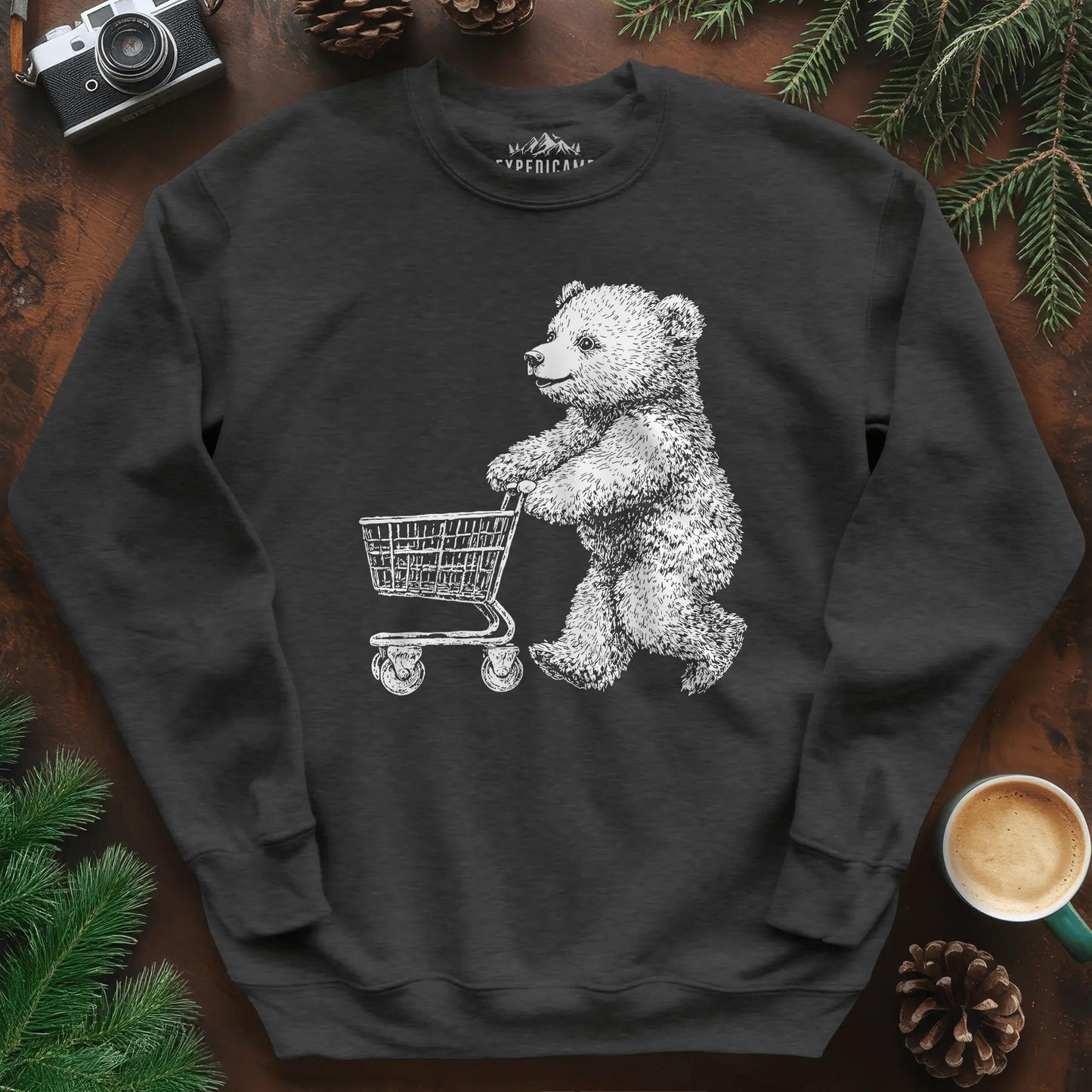 Shopping Bear Sweatshirt – Dark Heather – Outdoor apparel for travel, hiking, camping, and nature lovers – ExpediCamp