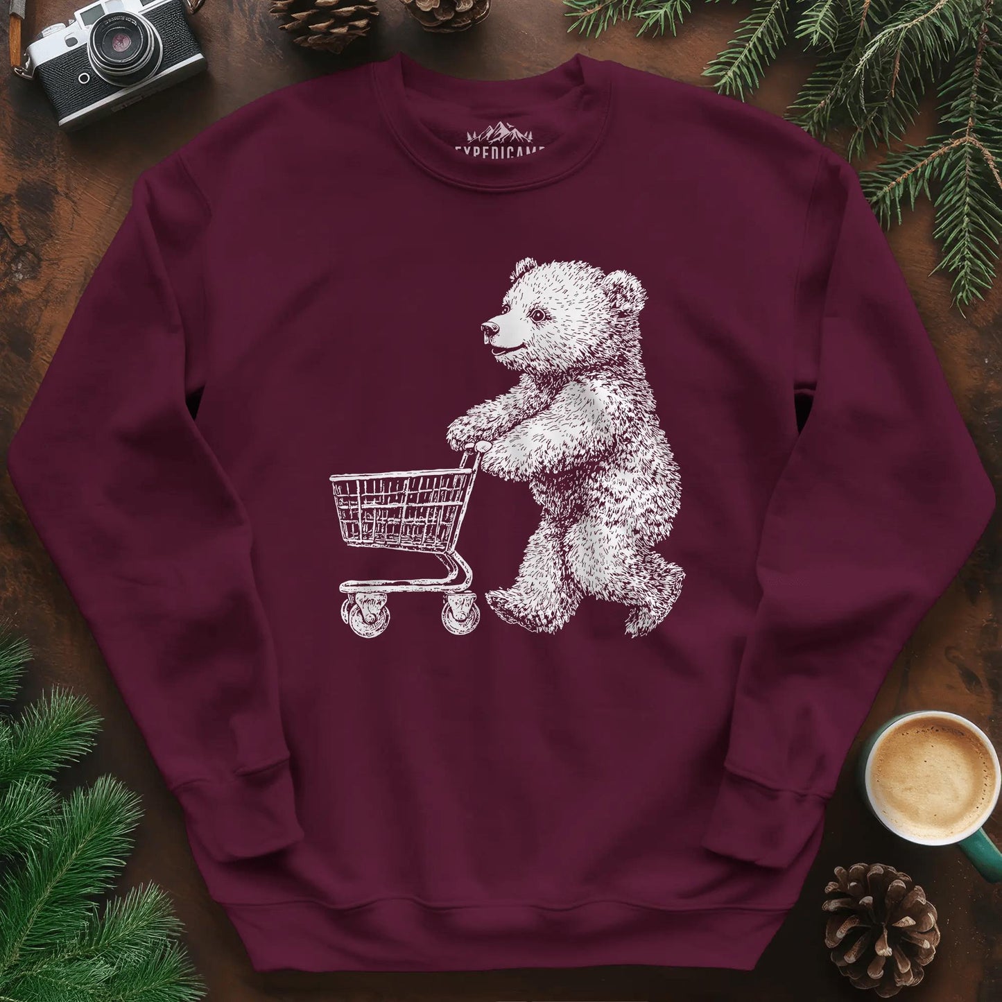 Shopping Bear Sweatshirt – Maroon – Outdoor apparel for travel, hiking, camping, and nature lovers – ExpediCamp