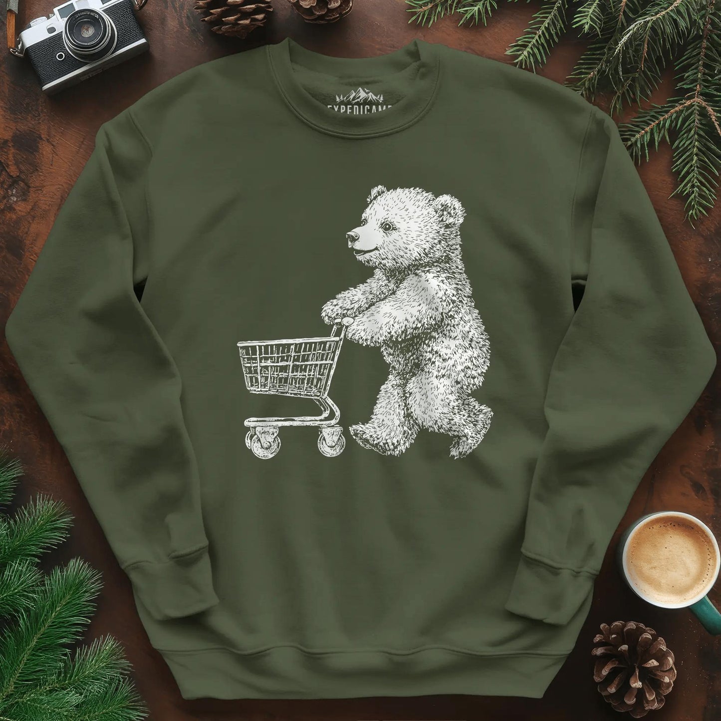 Shopping Bear Sweatshirt – Military Green – Outdoor apparel for travel, hiking, camping, and nature lovers – ExpediCamp