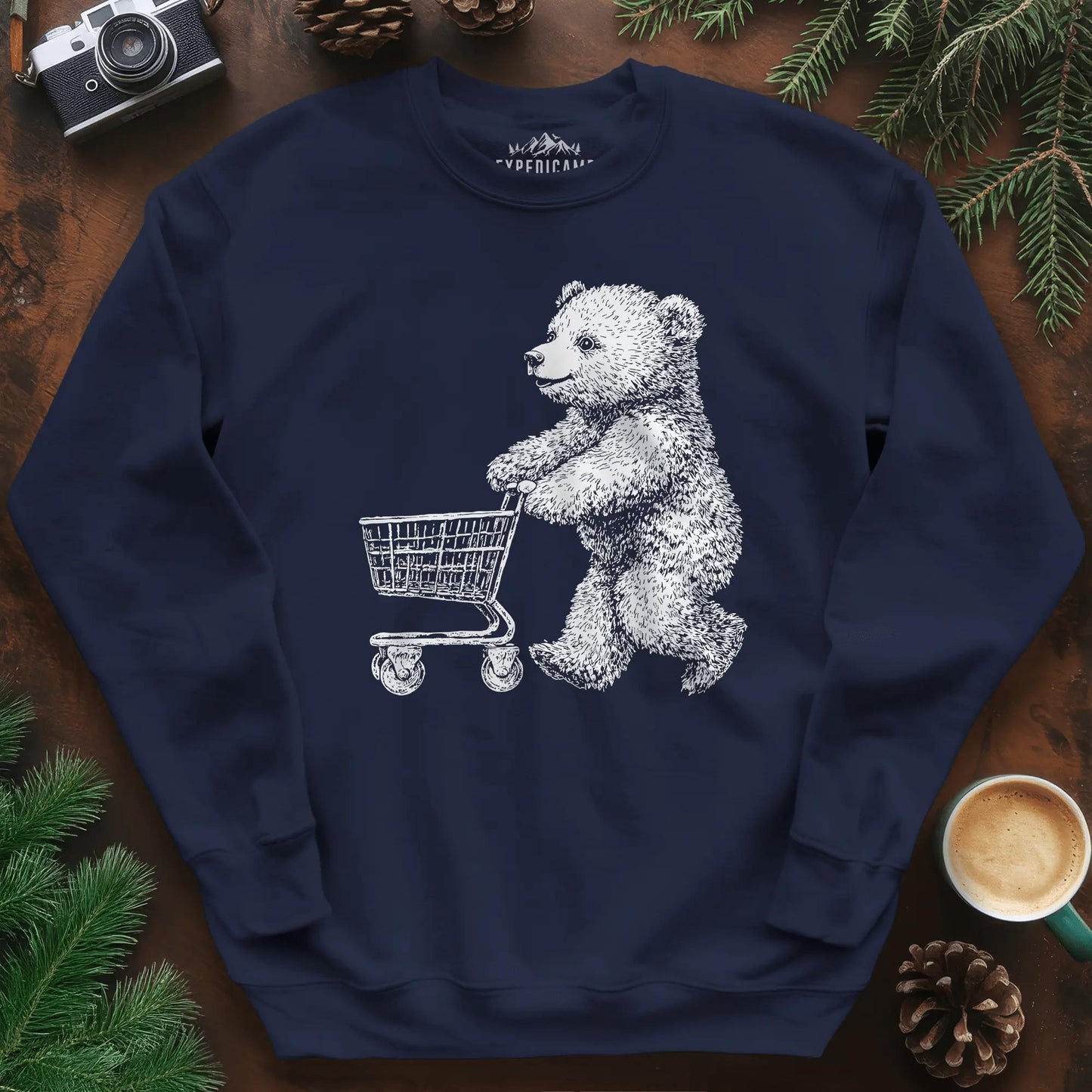 Shopping Bear Sweatshirt – Navy – Outdoor apparel for travel, hiking, camping, and nature lovers – ExpediCamp