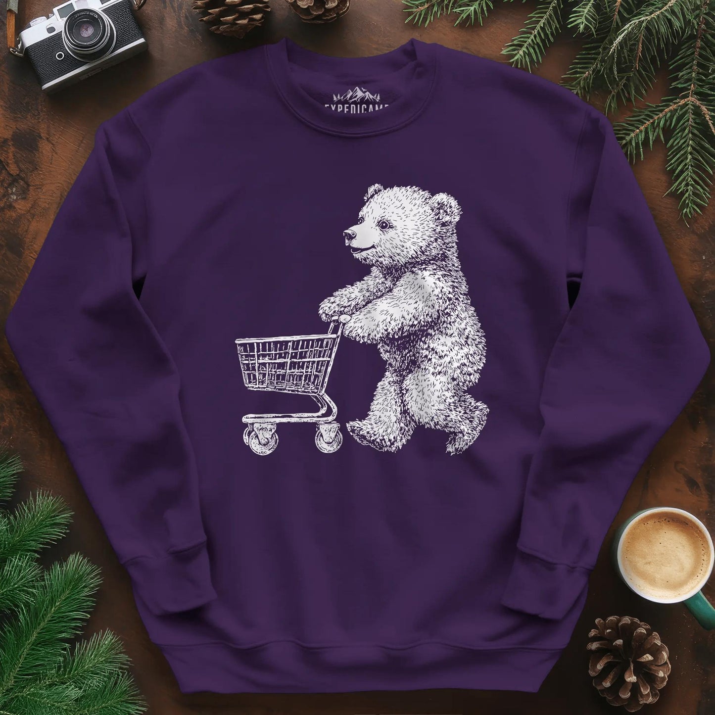 Shopping Bear Sweatshirt – Purple – Outdoor apparel for travel, hiking, camping, and nature lovers – ExpediCamp
