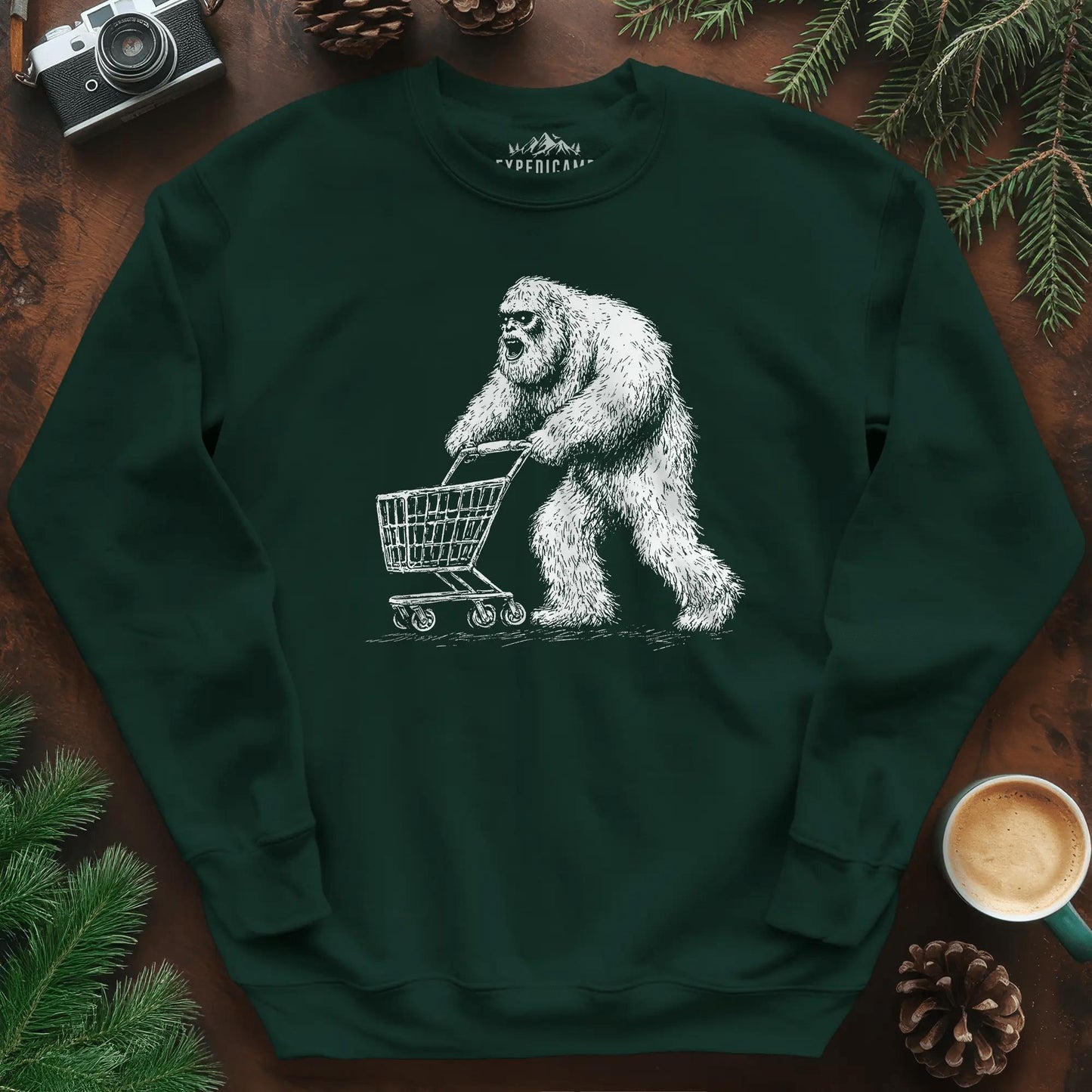 Shopping Yeti Sweatshirt – Forest Green – Outdoor apparel for travel, hiking, camping, and nature lovers – ExpediCamp