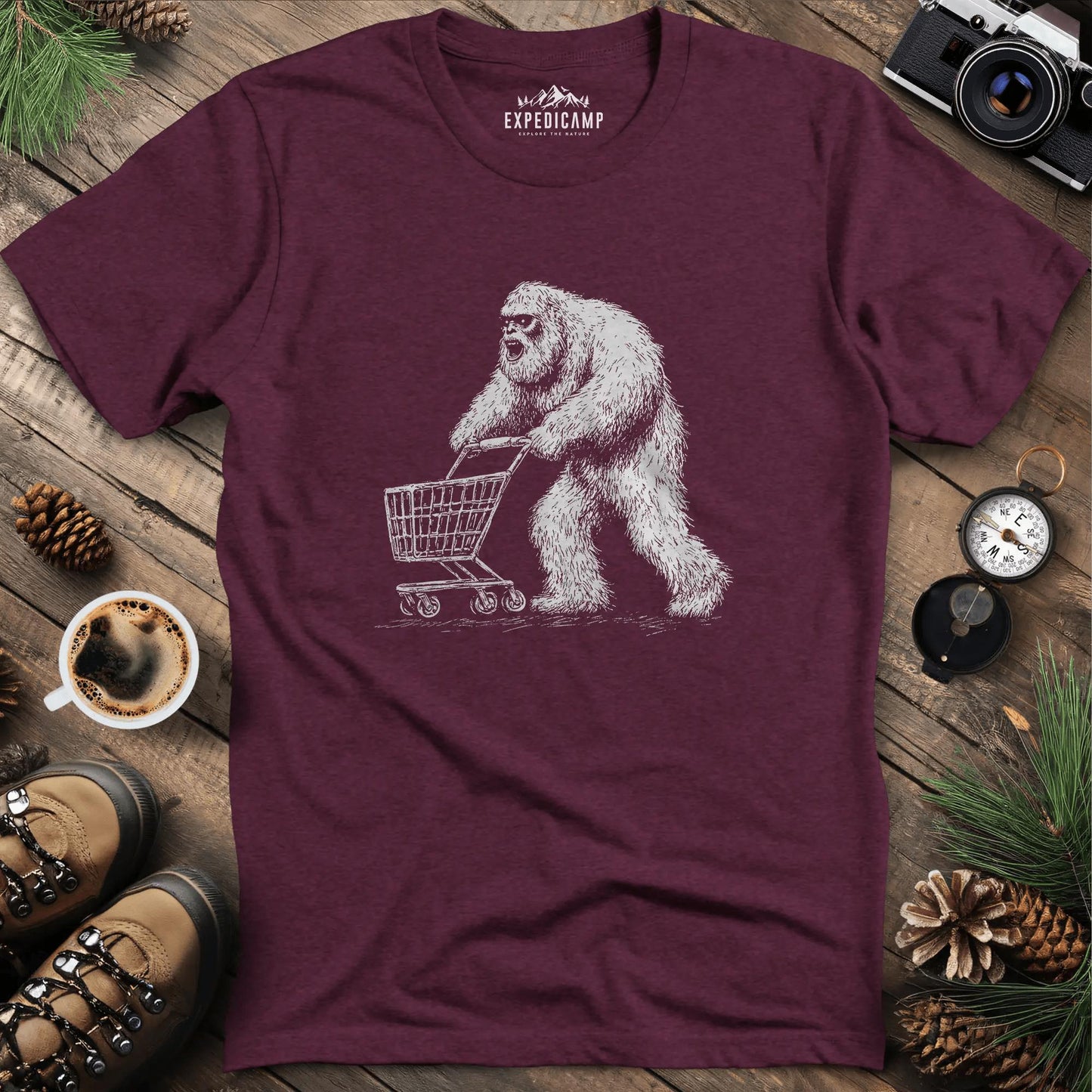 Shopping Yeti T-Shirt – Heather Maroon – Outdoor apparel for travel, hiking, camping, and nature lovers – ExpediCamp