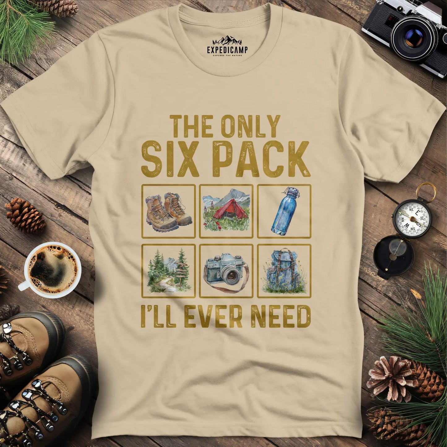 Six Pack Adventure T-Shirt – Sand – Outdoor apparel for travel, hiking, camping, and nature lovers – ExpediCamp