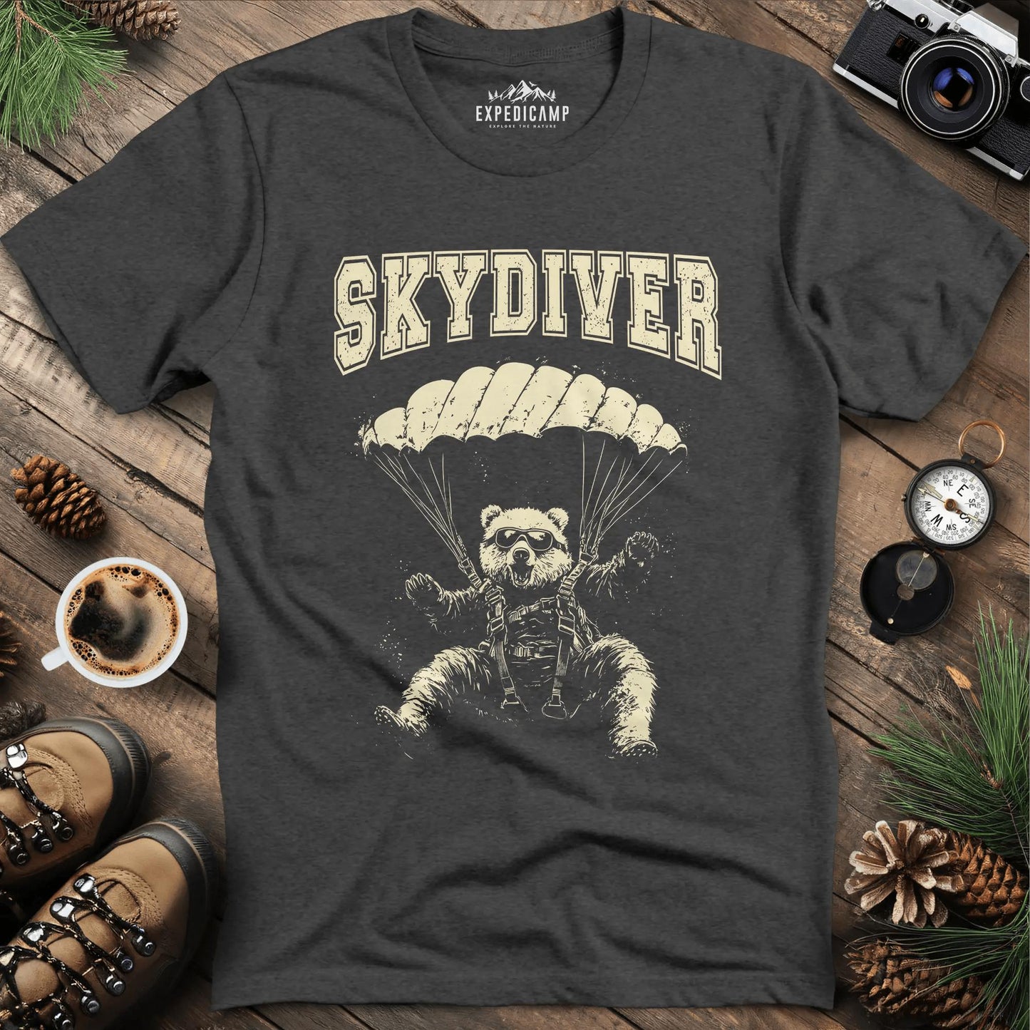 Skydiving Bear Adventure T-Shirt – Dark Heather – Outdoor apparel for travel, hiking, camping, and nature lovers – ExpediCamp