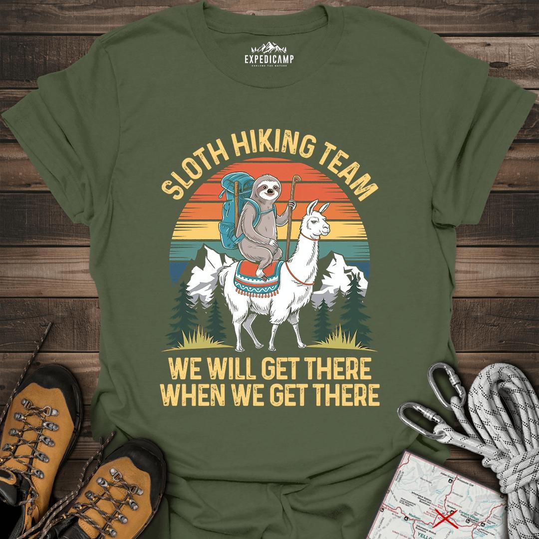 Sloth Hiking Team T-Shirt – Military Green – Outdoor apparel for travel, hiking, camping, and nature lovers – ExpediCamp