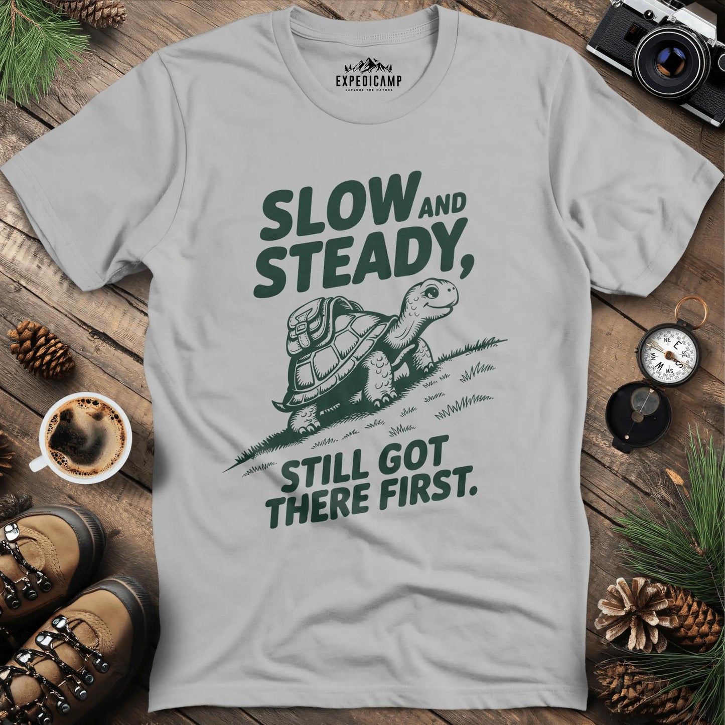 Slow and Steady T-Shirt – Ice Grey – Outdoor apparel for travel, hiking, camping, and nature lovers – ExpediCamp