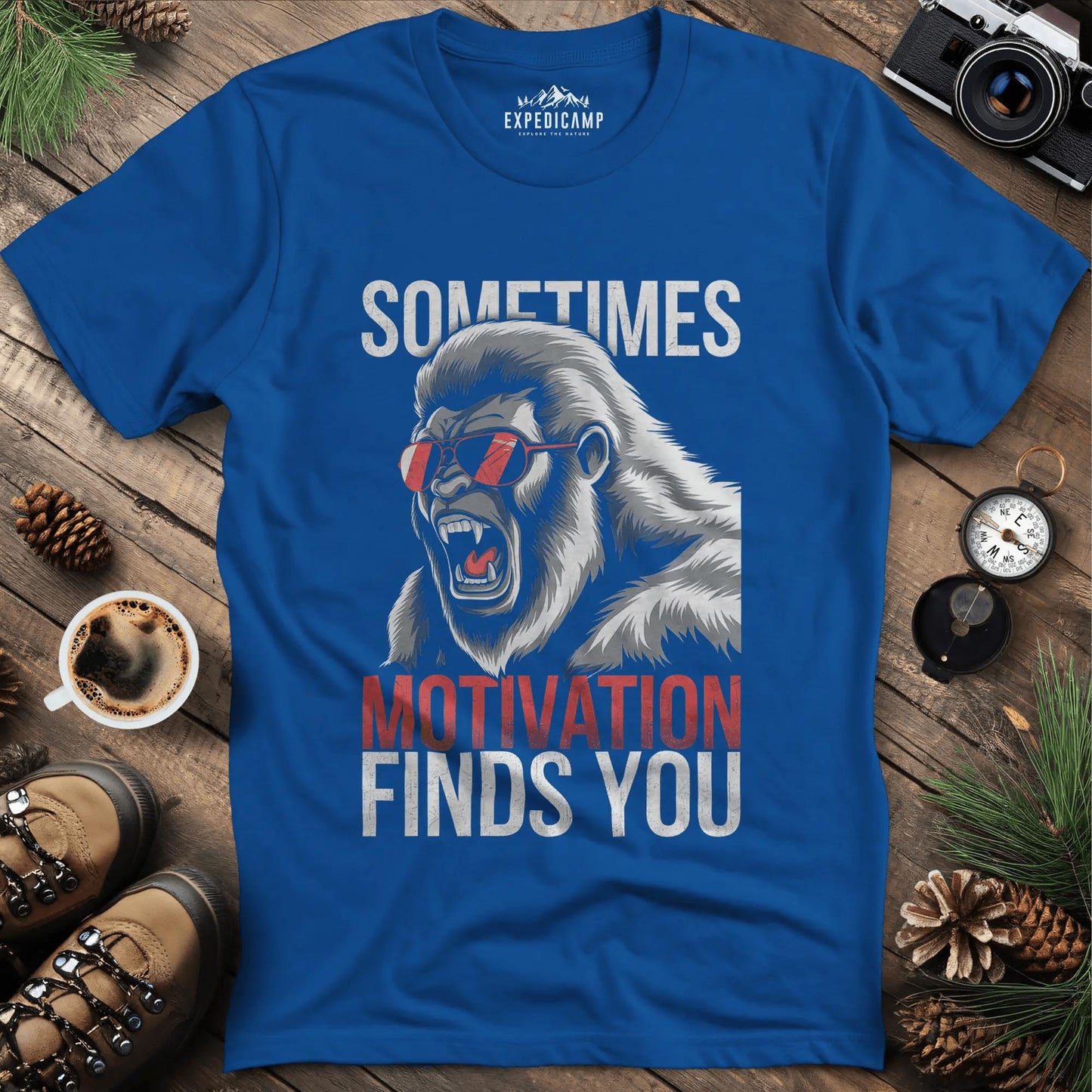 Sometimes Motivation Finds You - Bigfoot Roar T-Shirt – Royal – Outdoor apparel for travel, hiking, camping, and nature lovers – ExpediCamp