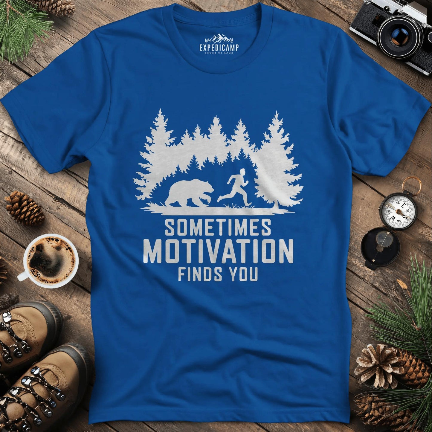 Sometimes Motivation Finds You - Charging Bear T-Shirt – Royal – Outdoor apparel for travel, hiking, camping, and nature lovers – ExpediCamp