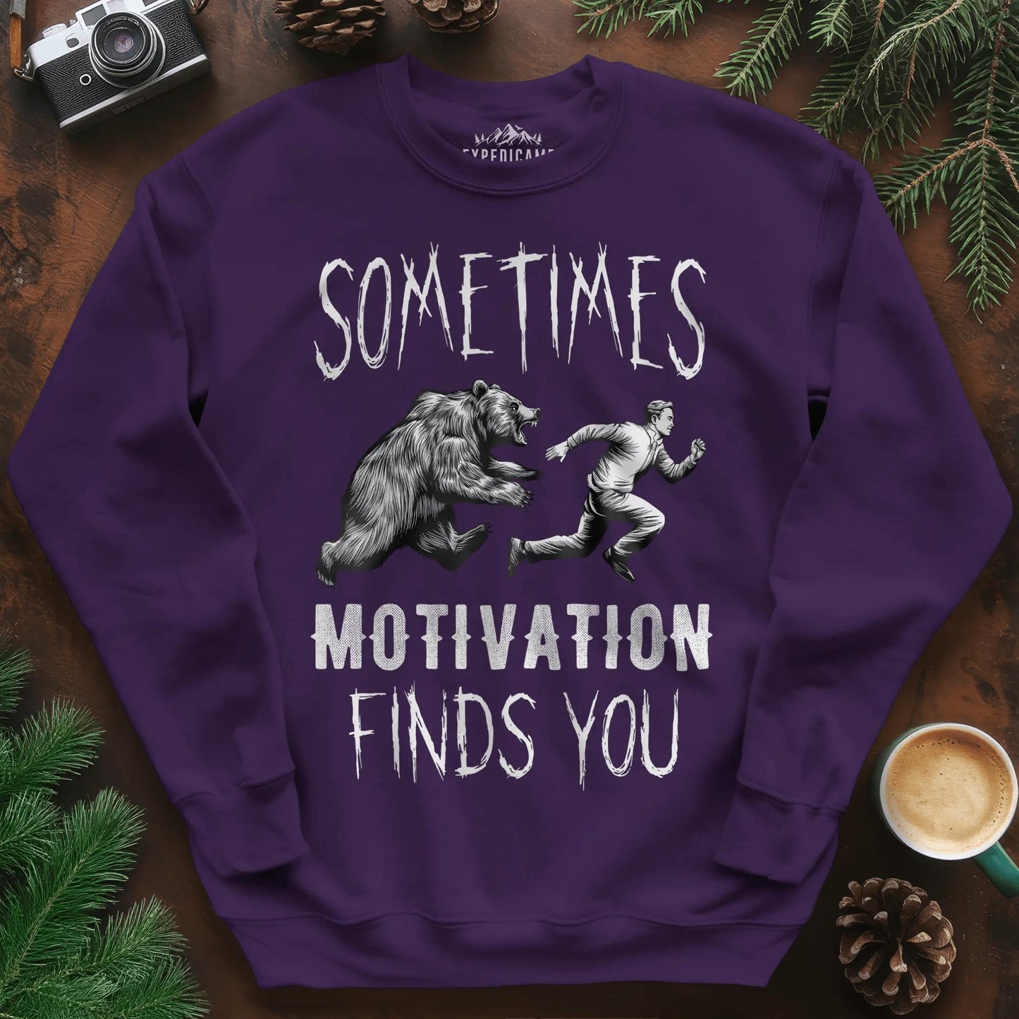 Sometimes Motivation Finds You Hikers Run Sweatshirt – Purple – Outdoor apparel for travel, hiking, camping, and nature lovers – ExpediCamp