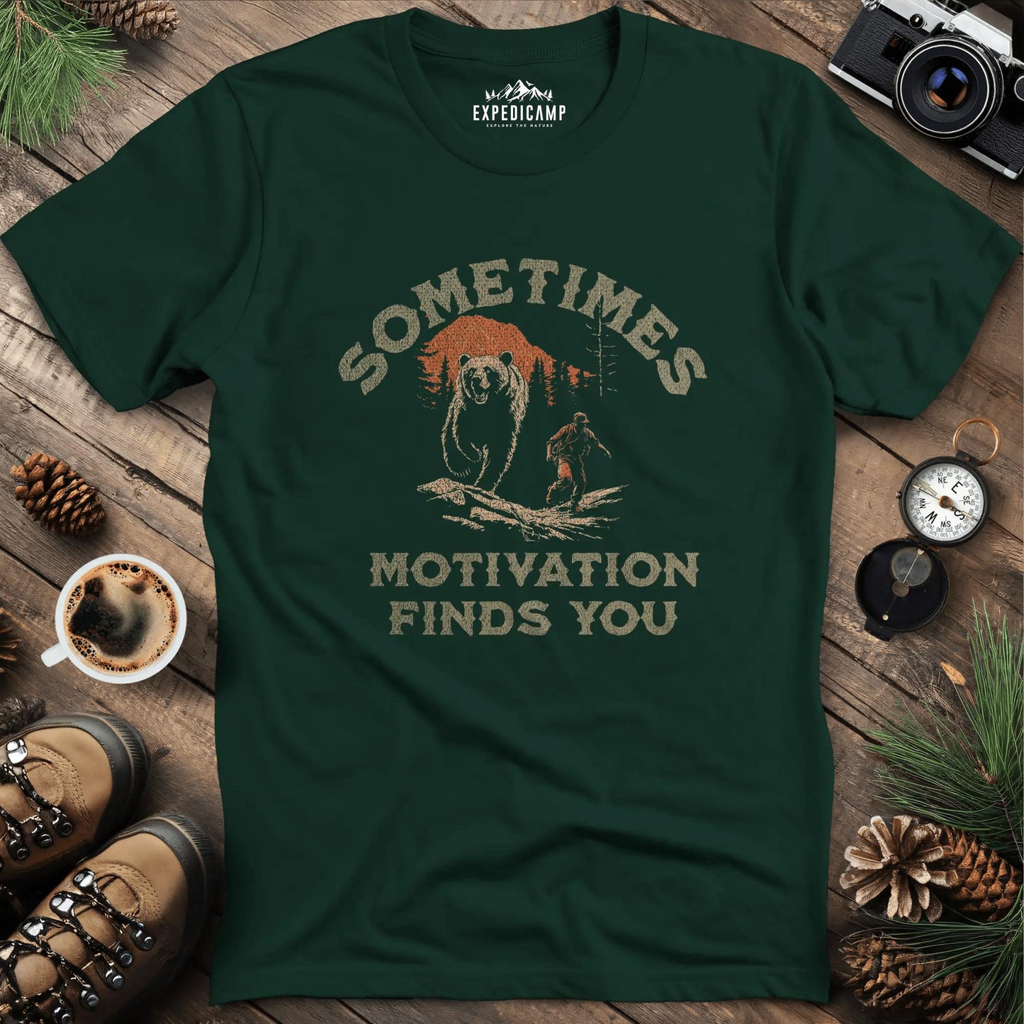 Sometimes Motivation Finds You - Running Bear T-Shirt – Forest Green – Outdoor apparel for travel, hiking, camping, and nature lovers – ExpediCamp
