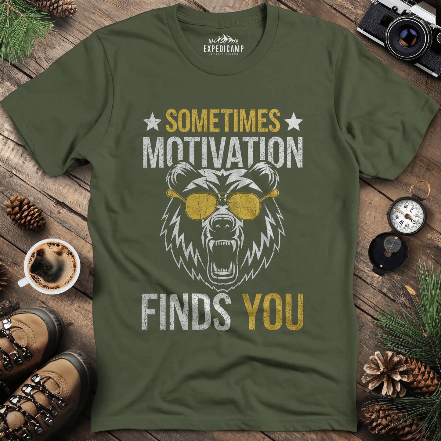 Sometimes Motivation Finds You - Sunglasses Bear T-Shirt – Military Green – Outdoor apparel for travel, hiking, camping, and nature lovers – ExpediCamp