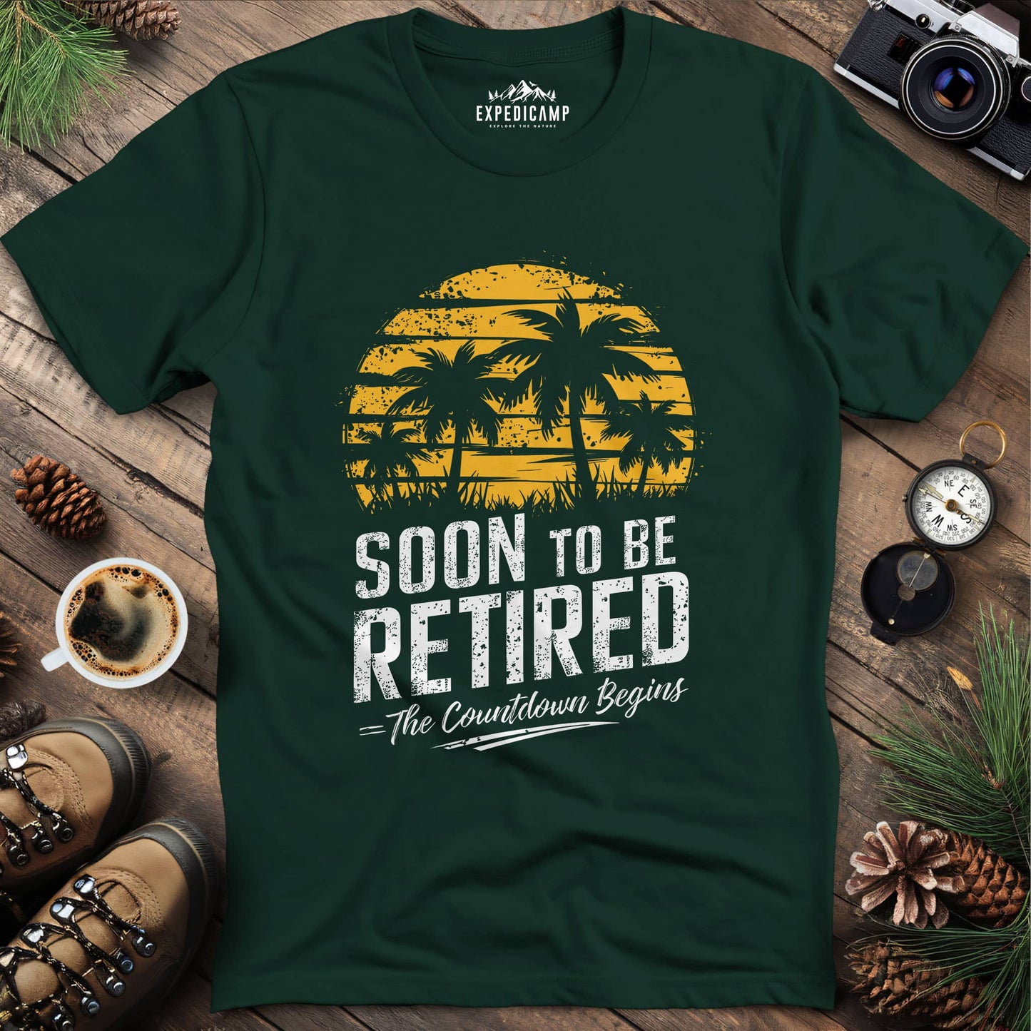 Soon to Be Retired – Palm Tree Sunset Countdown T-Shirt – Forest Green – Outdoor apparel for travel, hiking, camping, and nature lovers – ExpediCamp